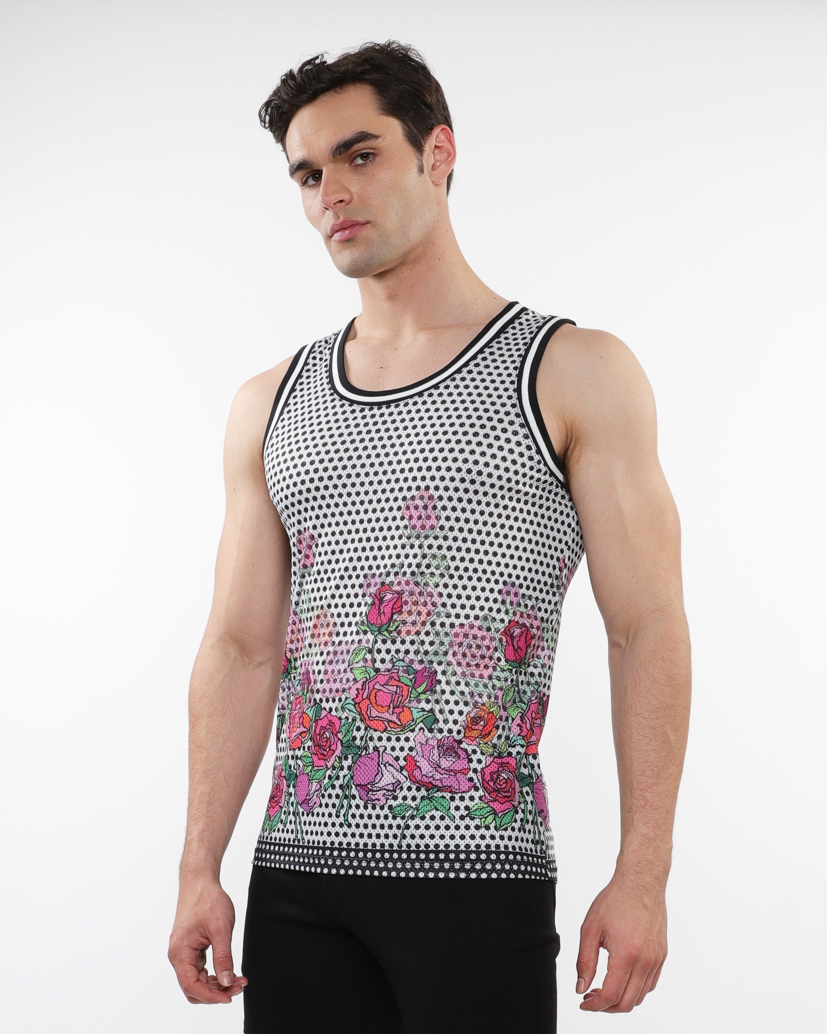 BLACK/FUCHSIA FLORAL PRINTED STRETCH MESH TANK WITH STRIPE RIBBING ST-11126