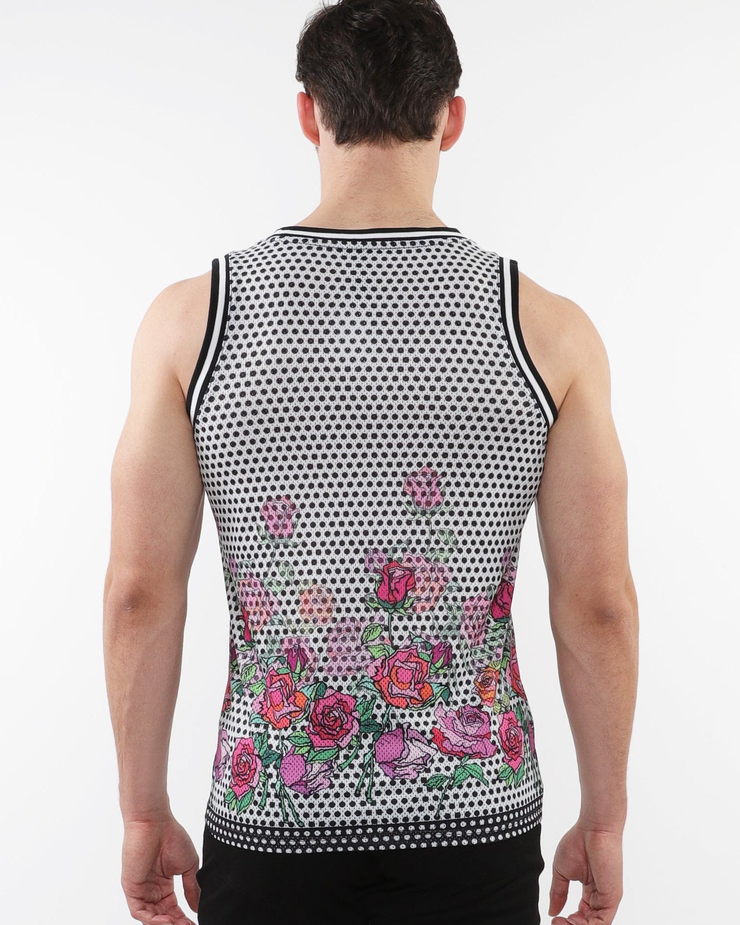 BLACK/FUCHSIA FLORAL PRINTED STRETCH MESH TANK WITH STRIPE RIBBING ST-11126