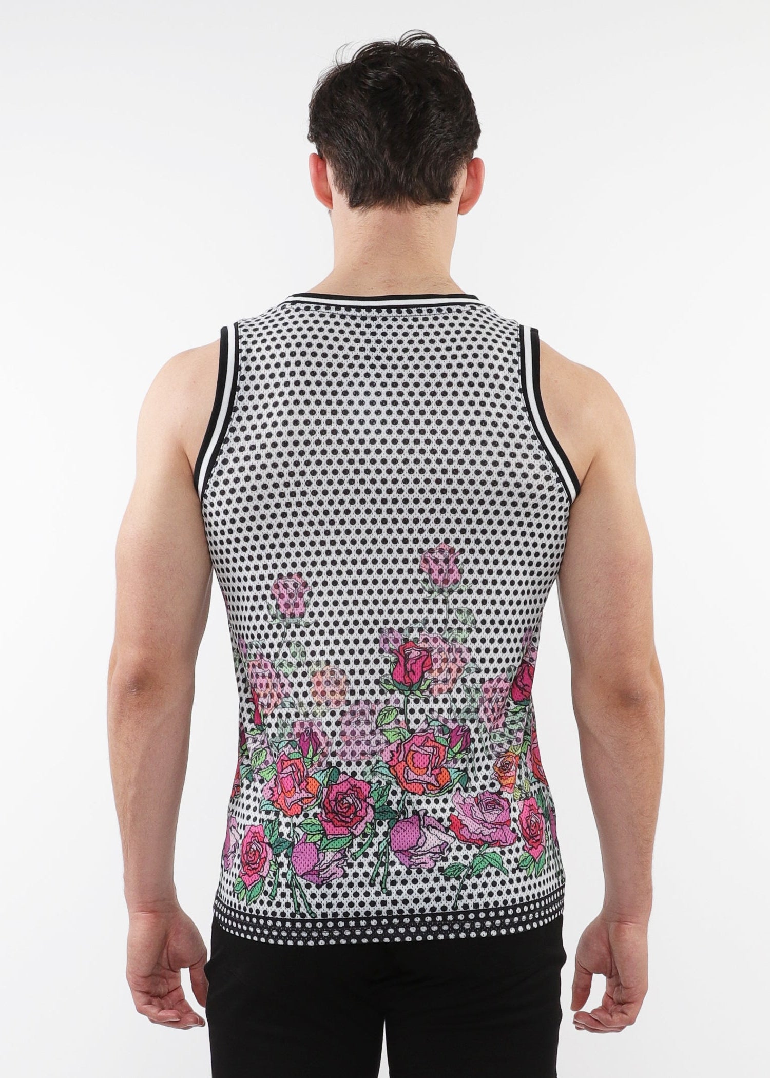 BLACK/FUCHSIA FLORAL PRINTED STRETCH MESH TANK WITH STRIPE RIBBING ST-11126