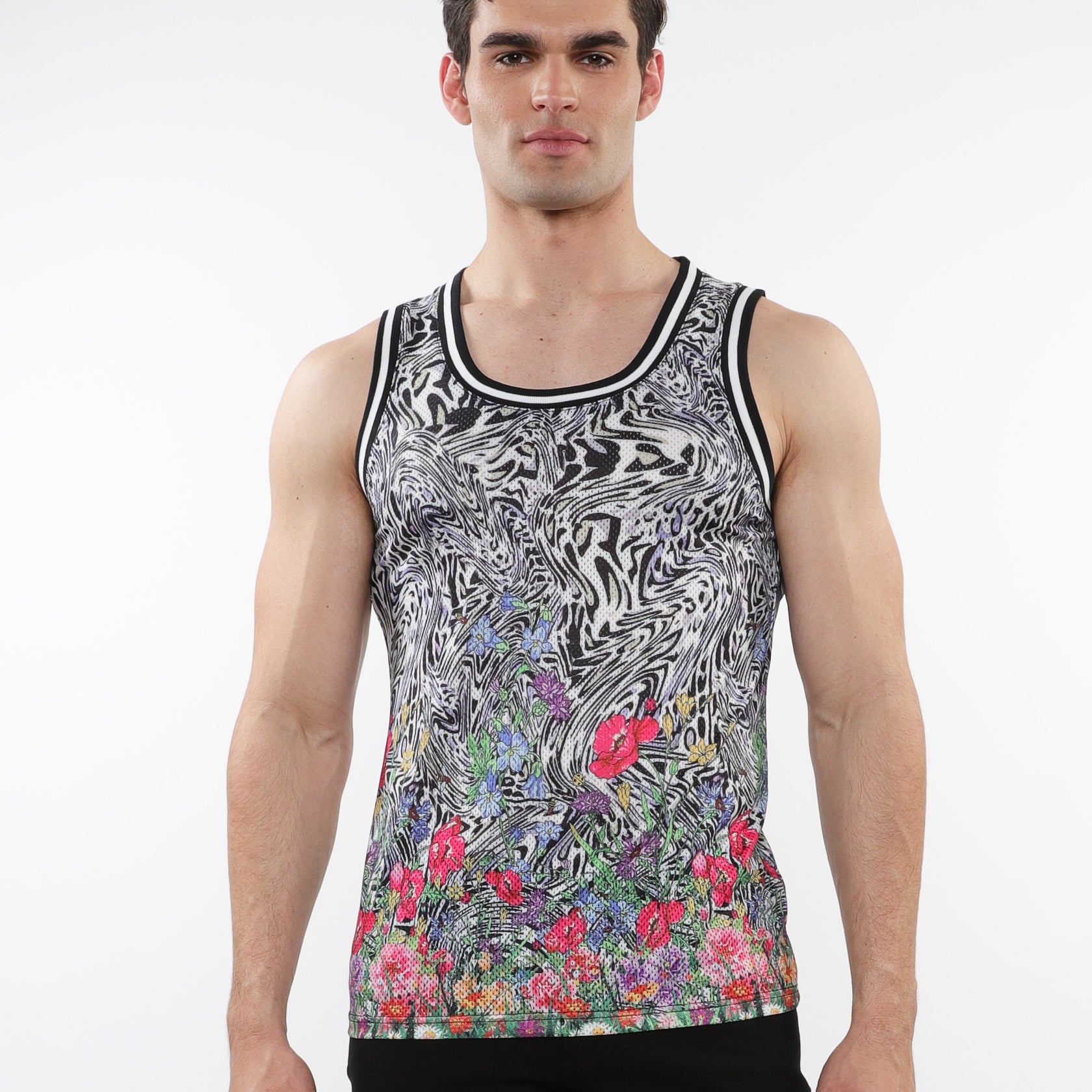 BLACK/MULTI JUNGLE PRINTED STRETCH MESH TANK WITH STRIPE RIBBING ST-11127