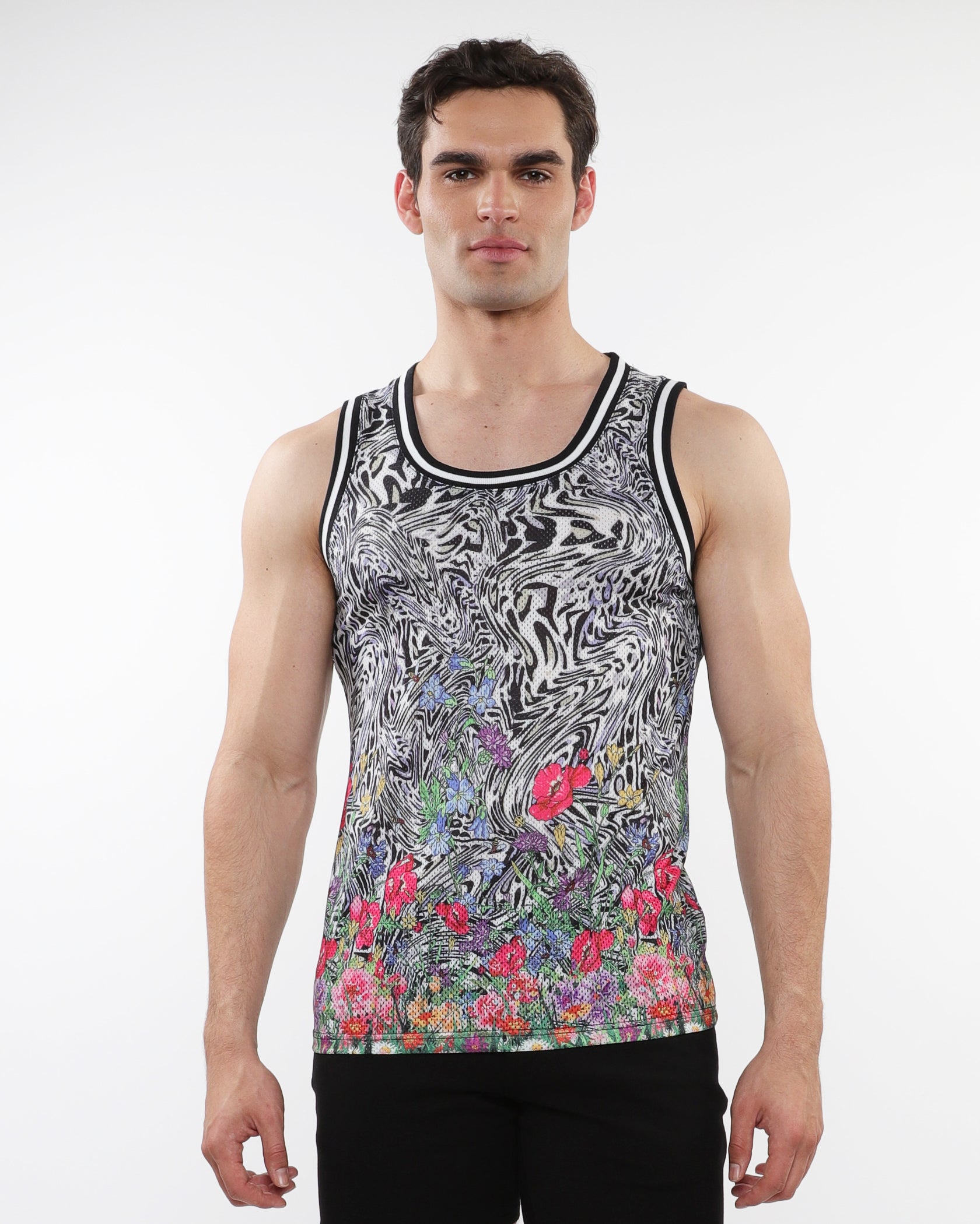 BLACK/MULTI JUNGLE PRINTED STRETCH MESH TANK WITH STRIPE RIBBING ST-11127