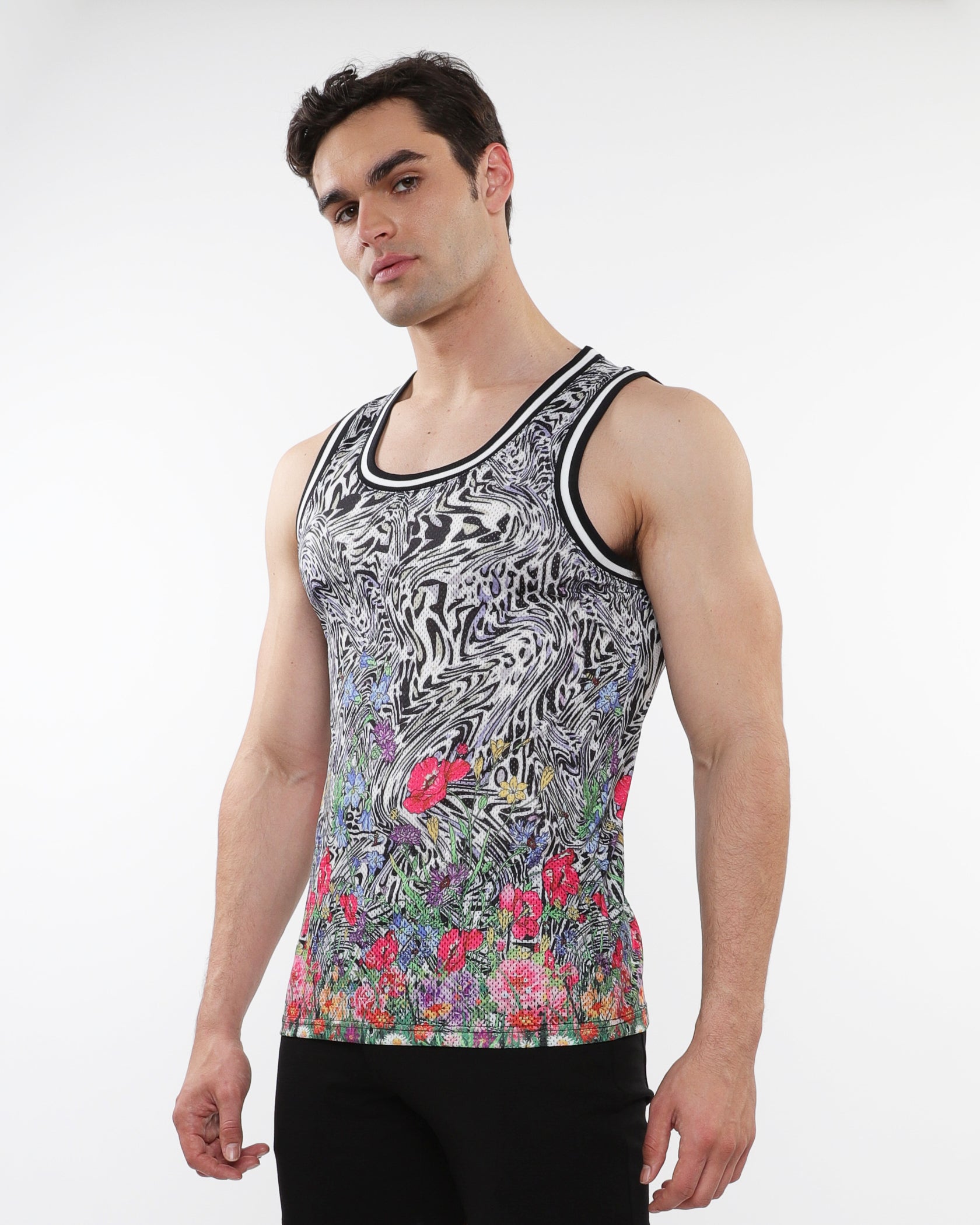 BLACK/MULTI JUNGLE PRINTED STRETCH MESH TANK WITH STRIPE RIBBING ST-11127