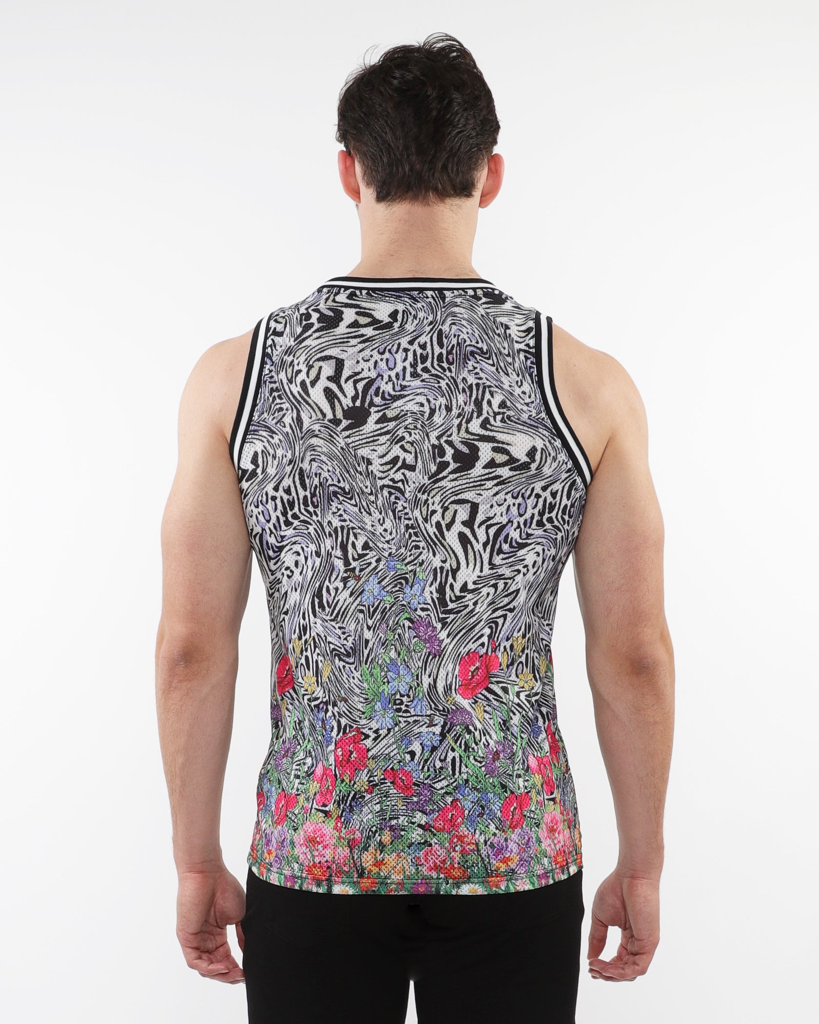 BLACK/MULTI JUNGLE PRINTED STRETCH MESH TANK WITH STRIPE RIBBING ST-11127