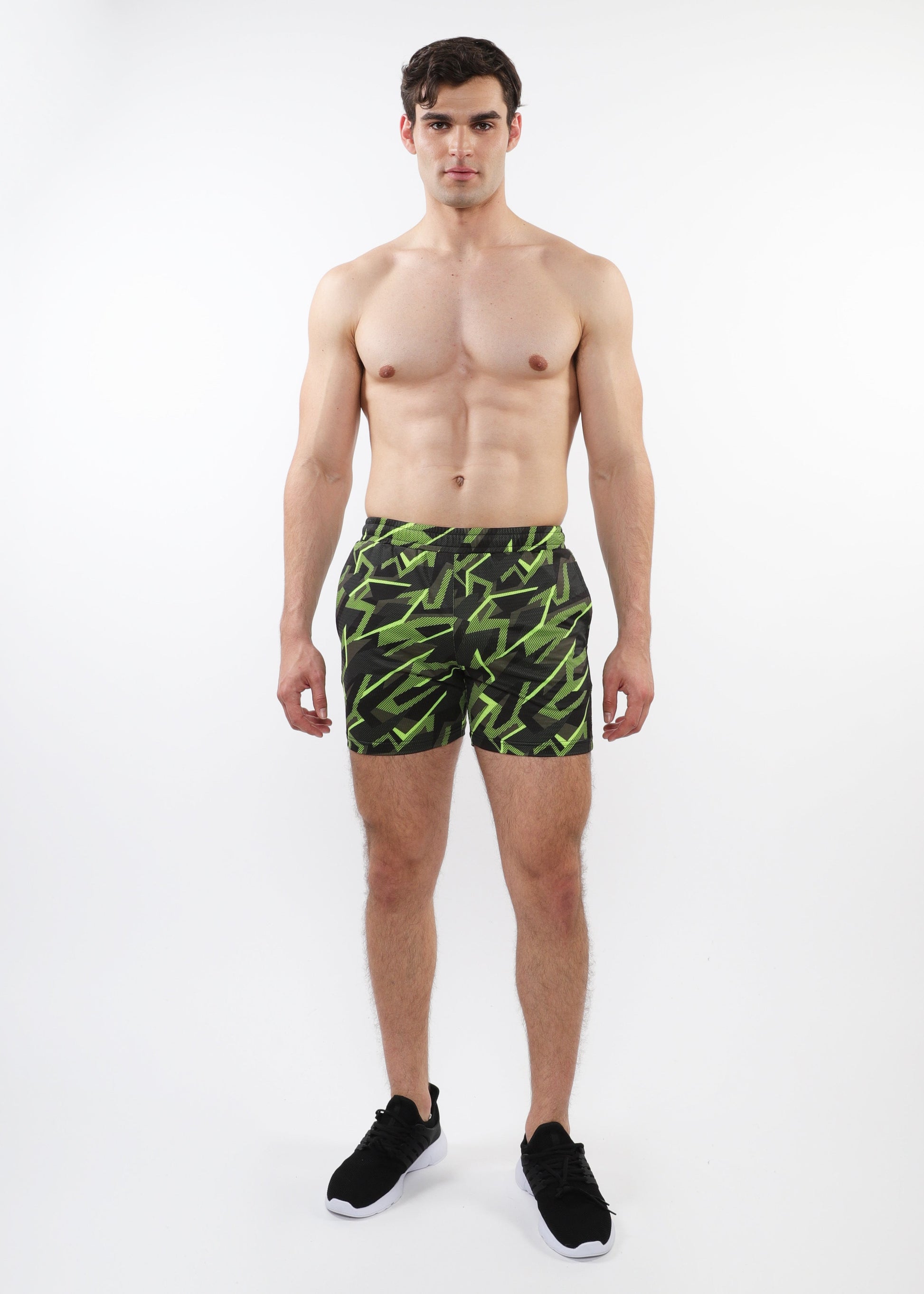 CITRUS/CHARCOAL GEOMETRIC PRINTED MESH STRETCH PERFORMANCE SHORTS ST-1469-03