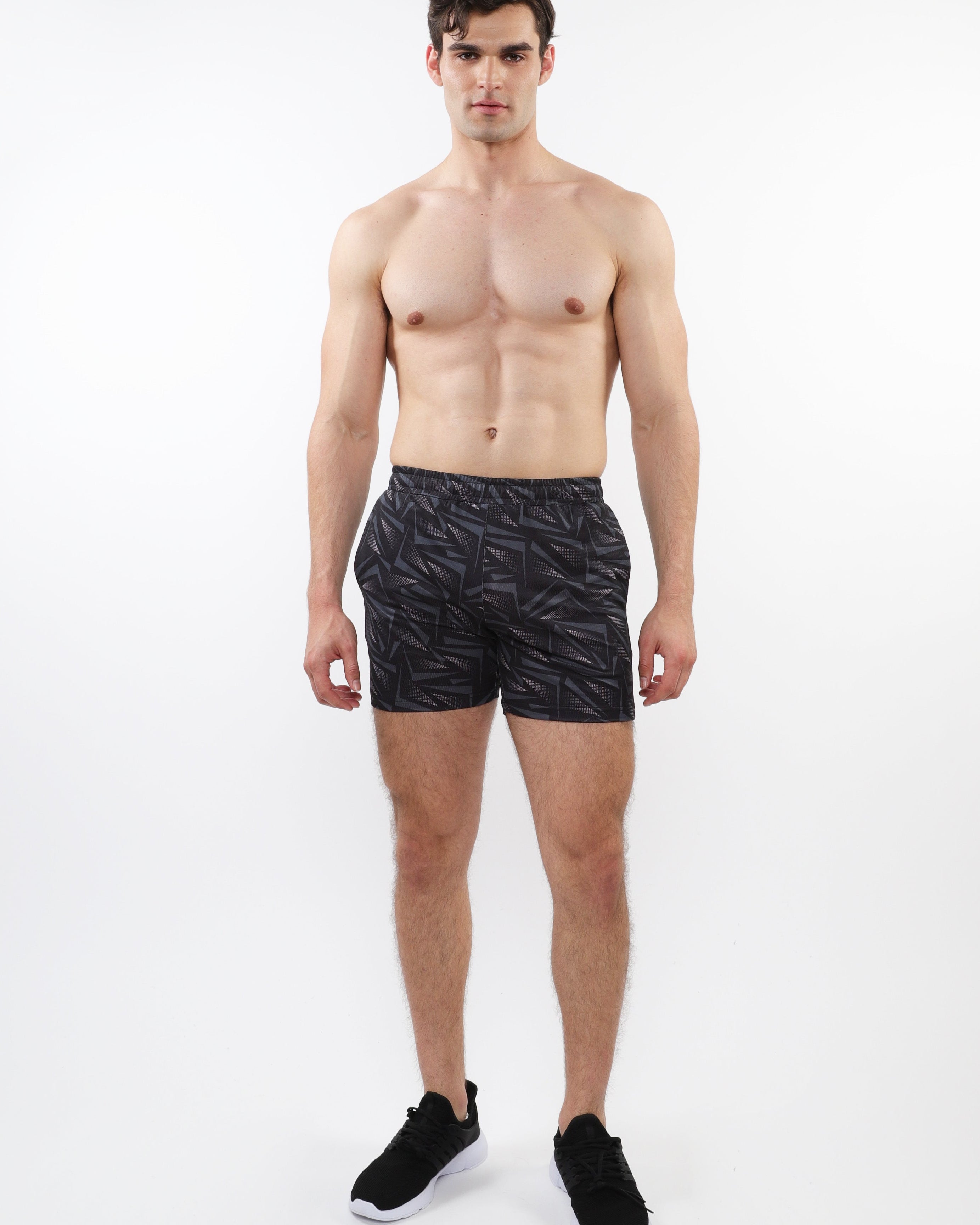ORANGE/BLACK TRIANGLES PRINTED MESH STRETCH PERFORMANCE SHORTS ST-1469-04