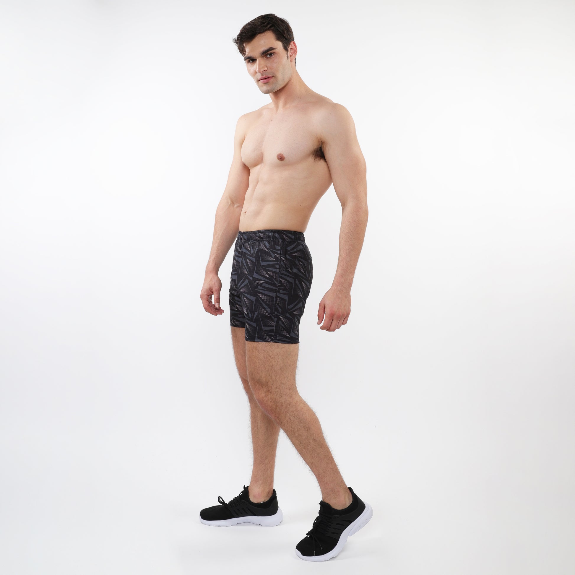 ORANGE/BLACK TRIANGLES PRINTED MESH STRETCH PERFORMANCE SHORTS ST-1469-04