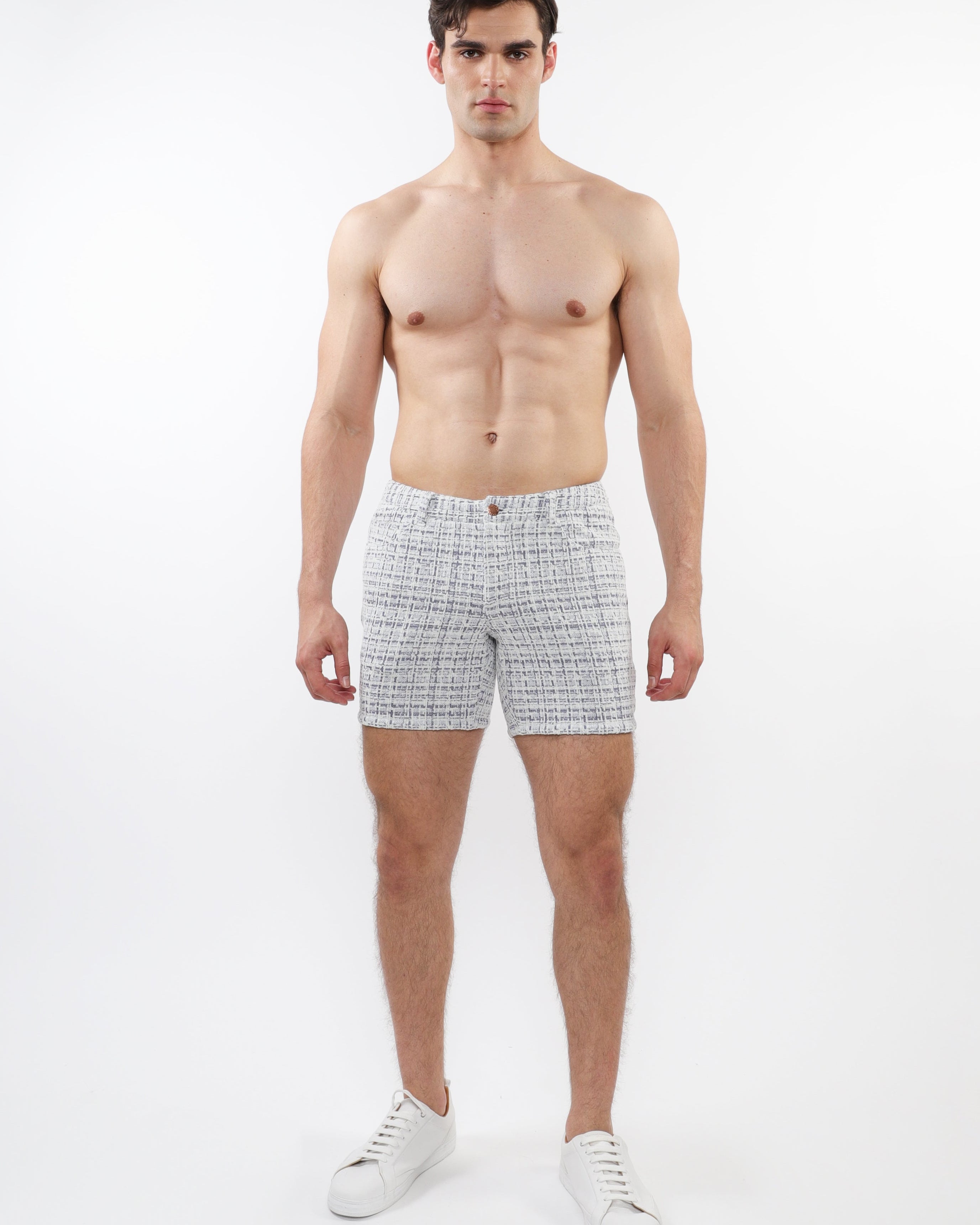 BLUE TWEED 5" INSEAM TWEED-LOOK JACQUARD STRETCH KNIT JEANS SHORTS LIMITED EDITION ST-1932-LX