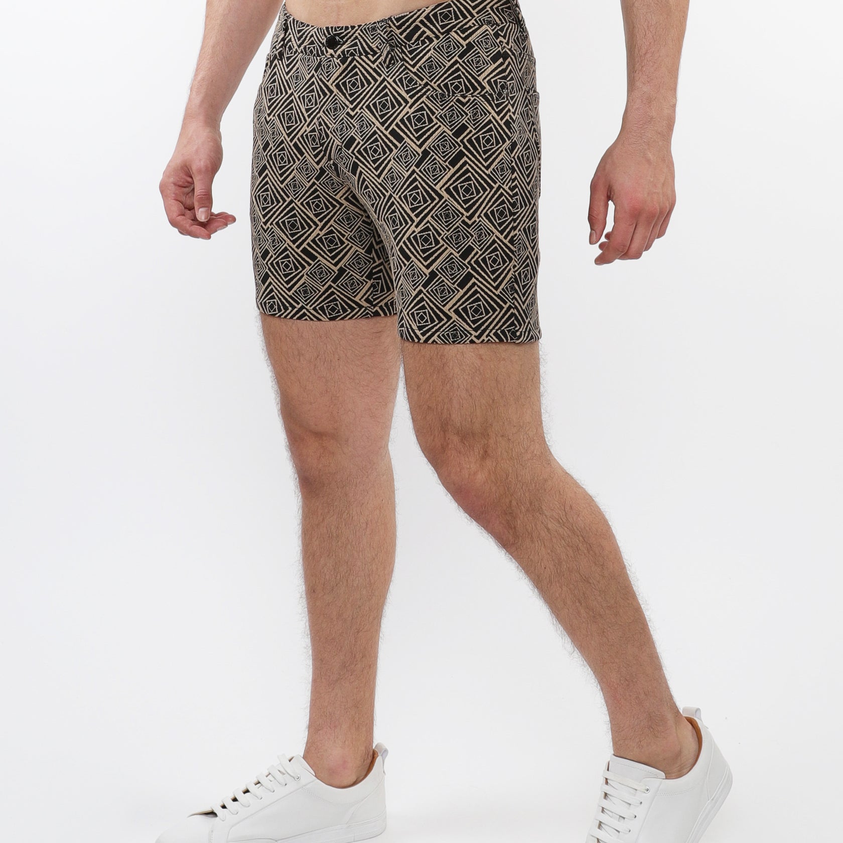 KHAKI/BLACK SQUARES 5" INSEAM JACQUARD STRETCH KNIT JEANS SHORTS ST-1932-72