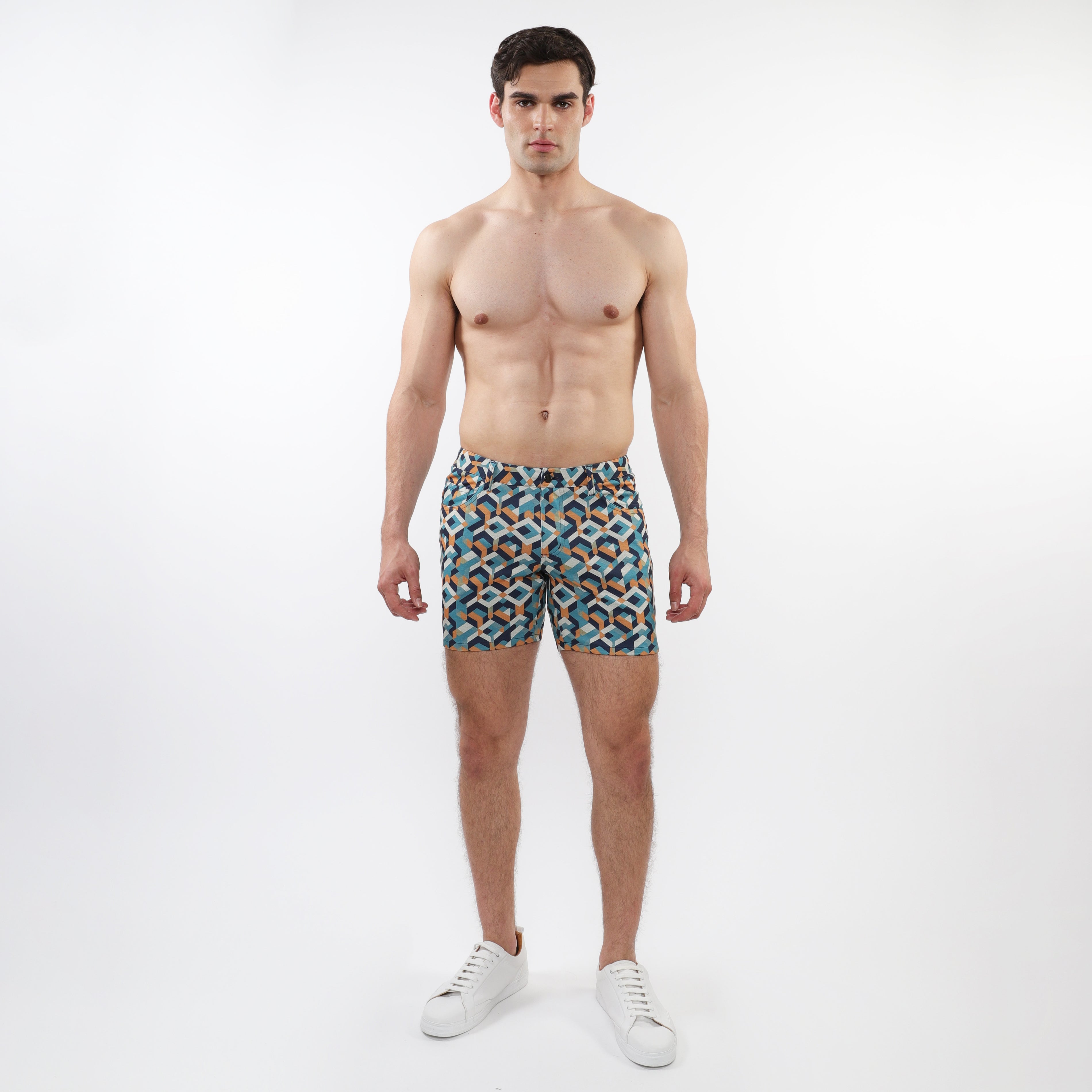 TURQUOISE/ OCHRE PARQUET 5" INSEAM PRINTED STRETCH KNIT JEANS SHORTS ST-1932-78
