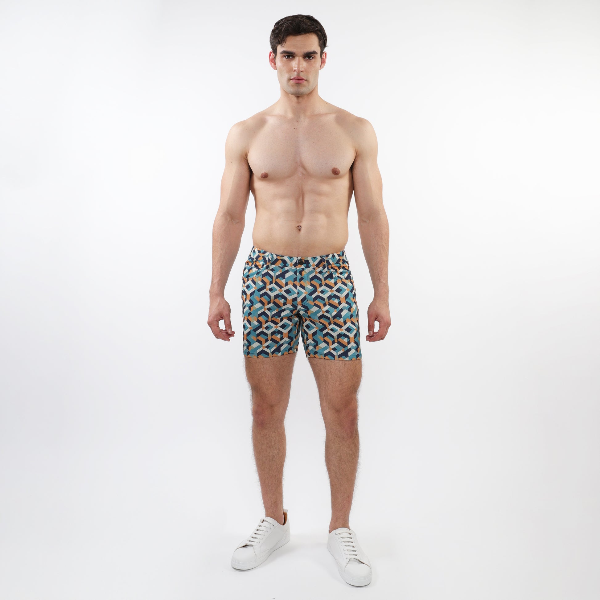 TURQUOISE/ OCHRE PARQUET 5" INSEAM PRINTED STRETCH KNIT JEANS SHORTS ST-1932-78
