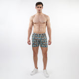 TURQUOISE/ OCHRE PARQUET 5" INSEAM PRINTED STRETCH KNIT JEANS SHORTS ST-1932-78