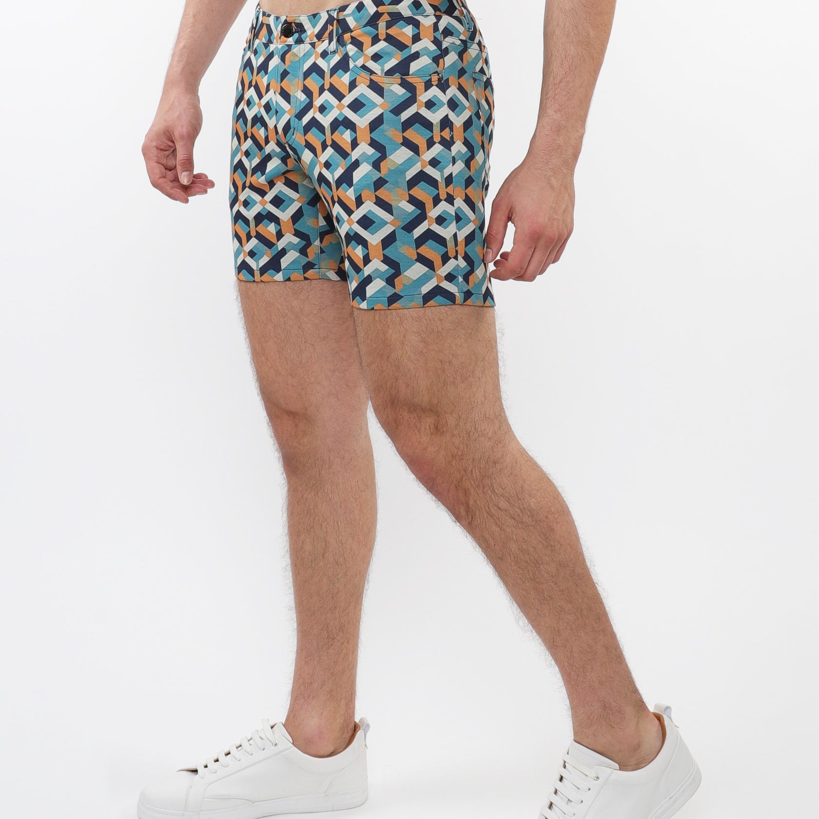 TURQUOISE/ OCHRE PARQUET 5" INSEAM PRINTED STRETCH KNIT JEANS SHORTS ST-1932-78