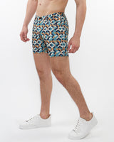 TURQUOISE/ OCHRE PARQUET 5" INSEAM PRINTED STRETCH KNIT JEANS SHORTS ST-1932-78