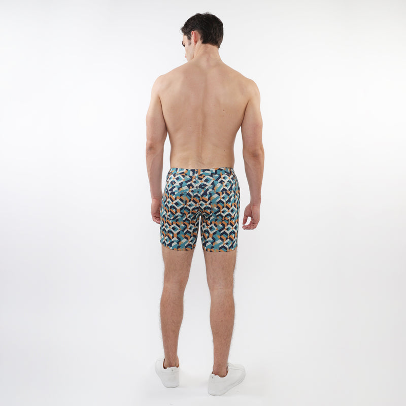 TURQUOISE/ OCHRE PARQUET 5" INSEAM PRINTED STRETCH KNIT JEANS SHORTS ST-1932-78