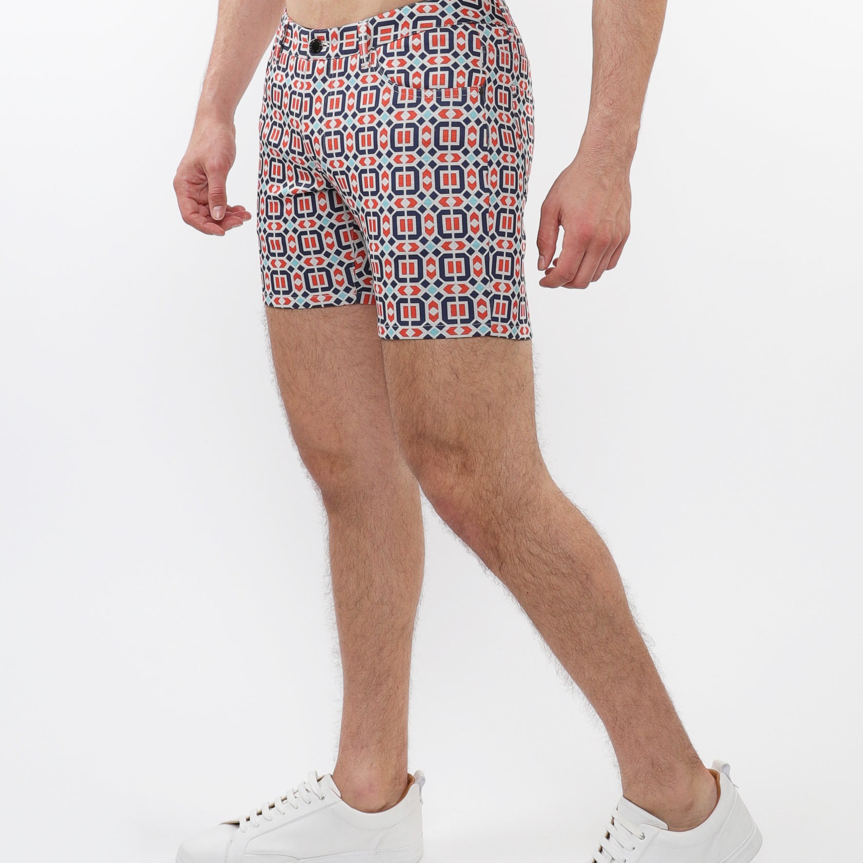 RUST/MARINE TILES 5" INSEAM PRINTED STRETCH KNIT JEANS SHORTS ST-1932-79