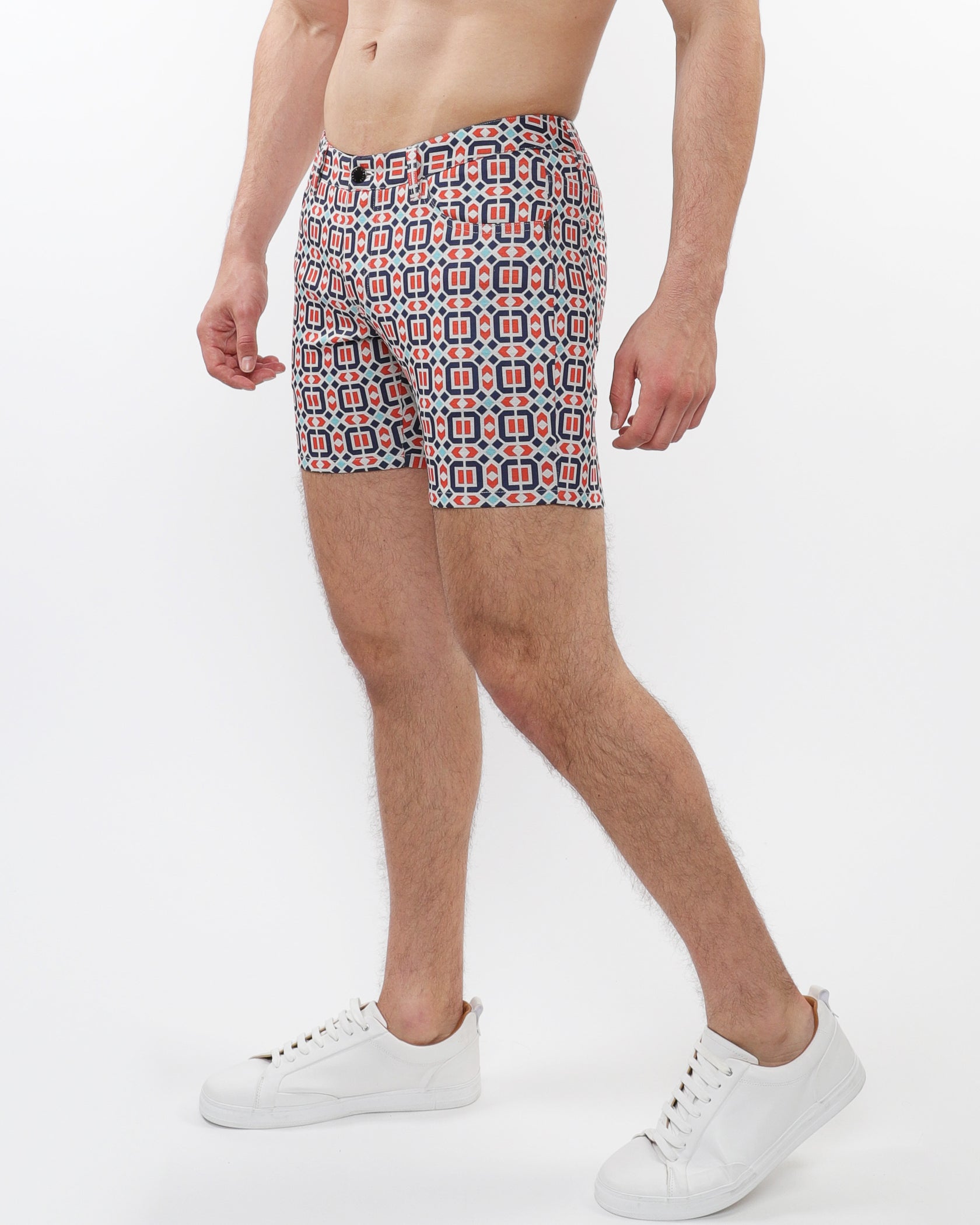 RUST/MARINE TILES 5" INSEAM PRINTED STRETCH KNIT JEANS SHORTS ST-1932-79