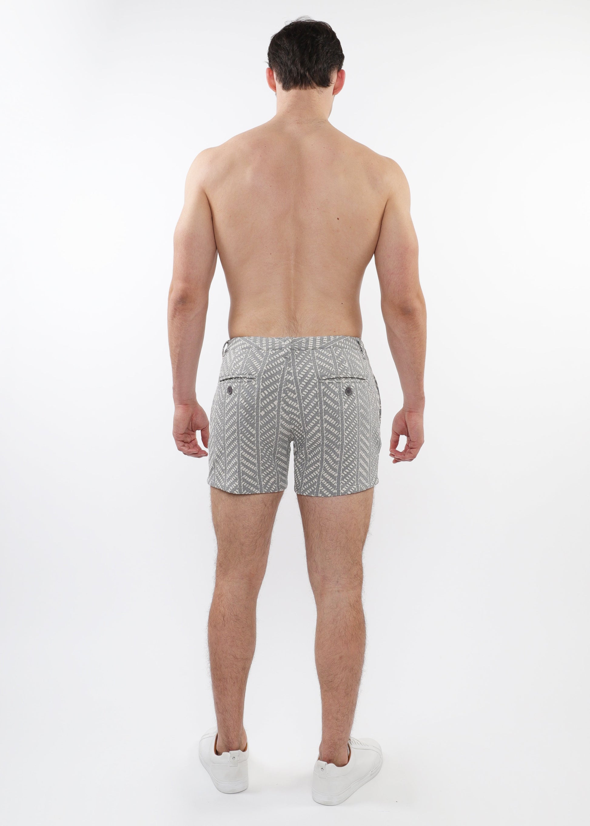 ECRU/BLACK HERRINGBONE 5" INSEAM TEXTURED JACQUARD STRETCH KNIT CHINO SHORTS W/ ZIP POCKETS ST-1986-04