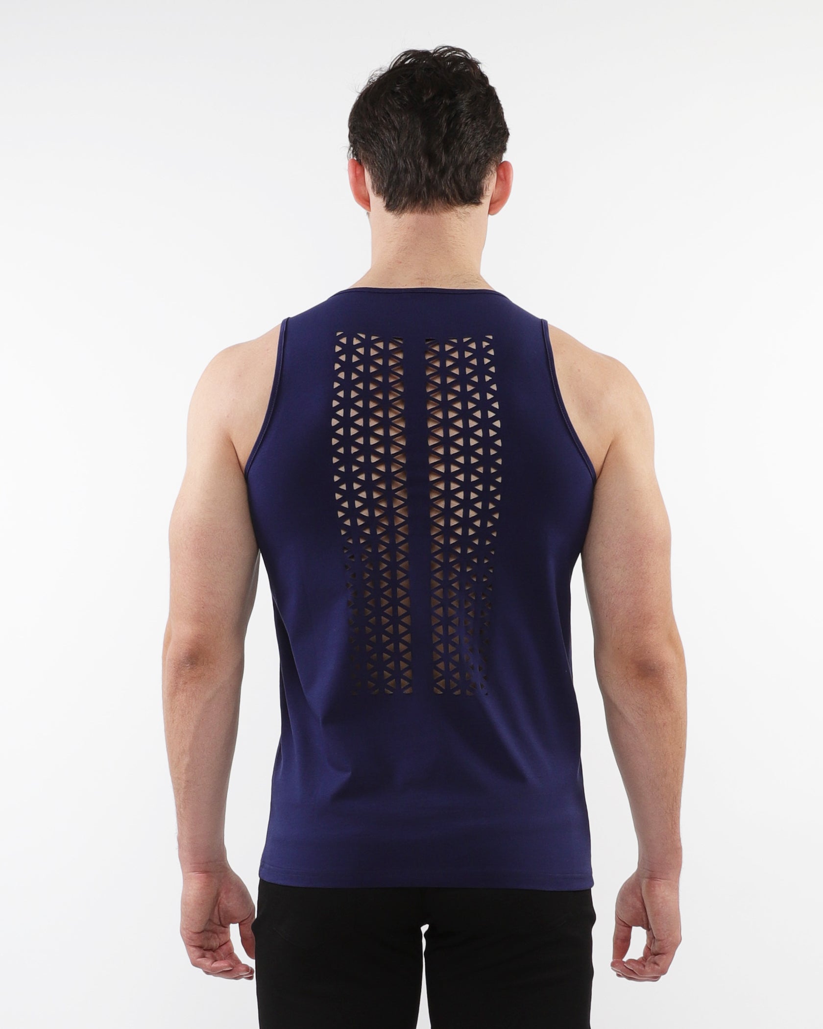 NAVY TRIANGLES LASER CUT STRETCH JERSEY TANKS ST-20052