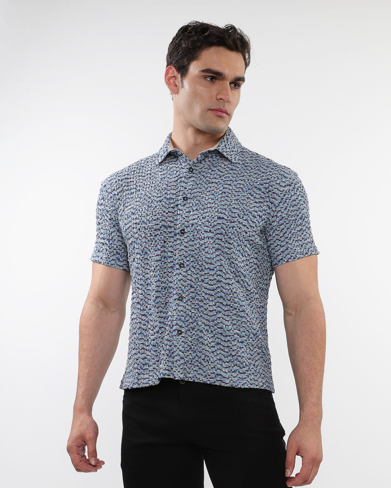 TEAL STRETCH CRINKLE KNIT SHORT SLEEVE SHIRT ST-24052
