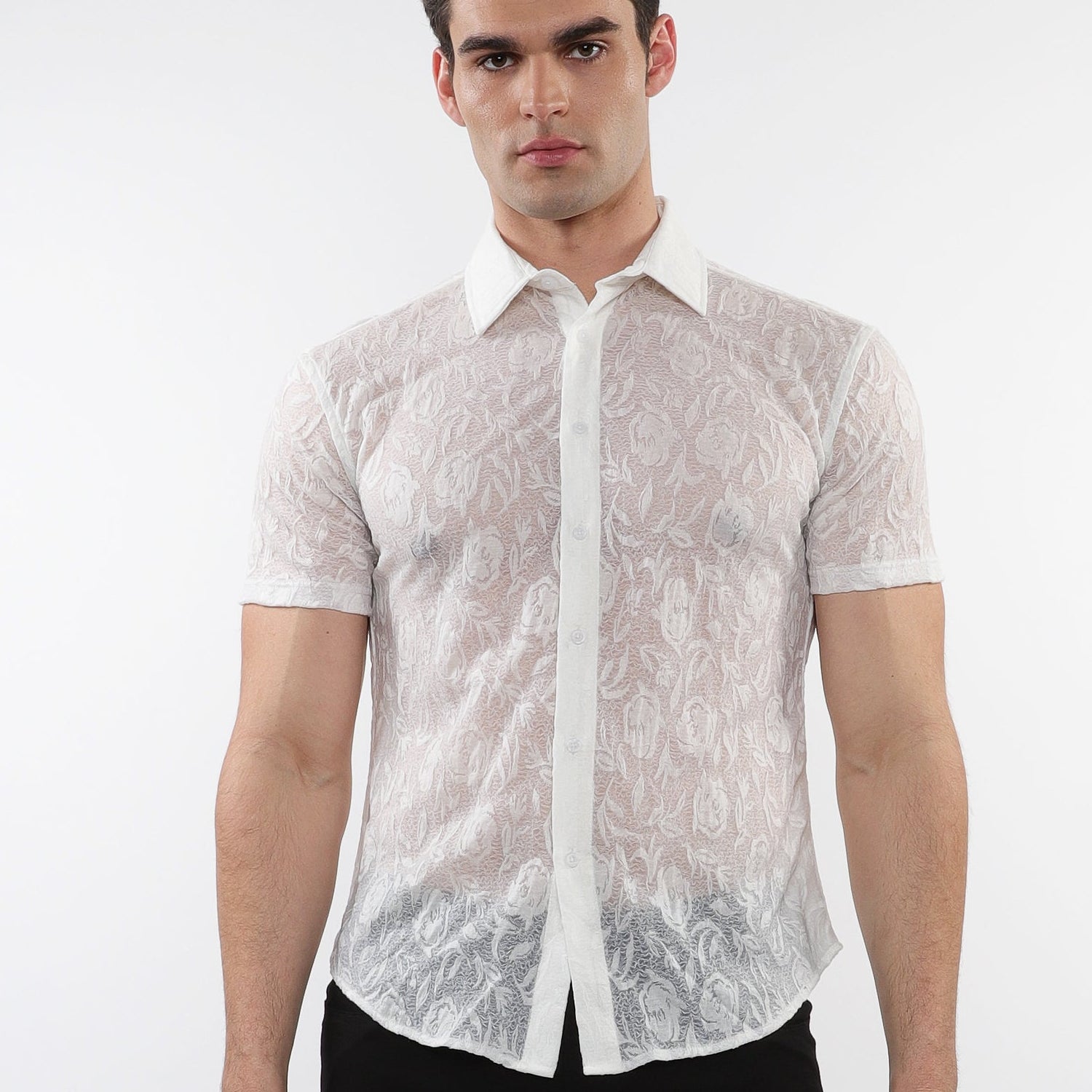WHITE ROSES LEAVES GOSSAMER KNIT SHORT SLEEVE SHIRT ST-24056