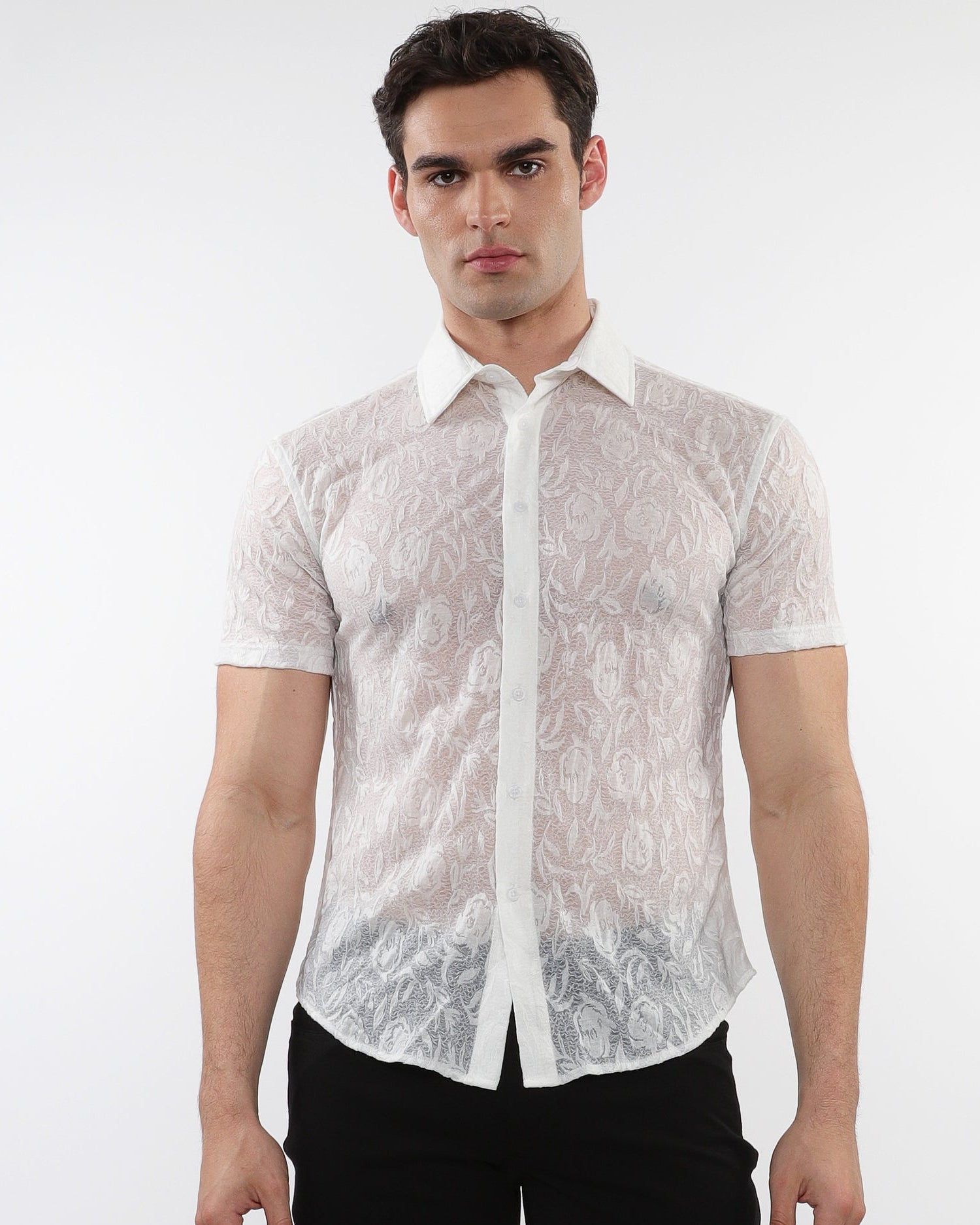 WHITE ROSES LEAVES GOSSAMER KNIT SHORT SLEEVE SHIRT ST-24056