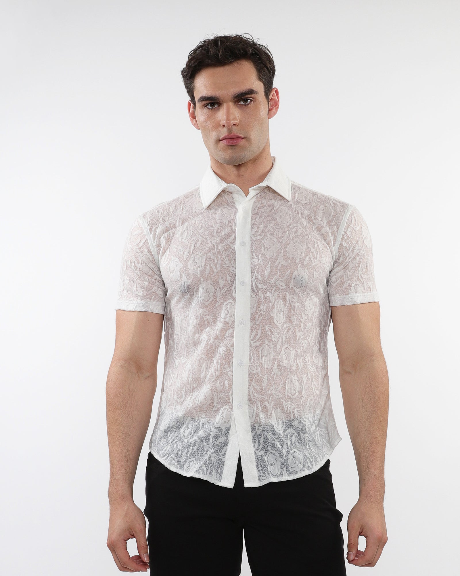 WHITE ROSES LEAVES GOSSAMER KNIT SHORT SLEEVE SHIRT ST-24056