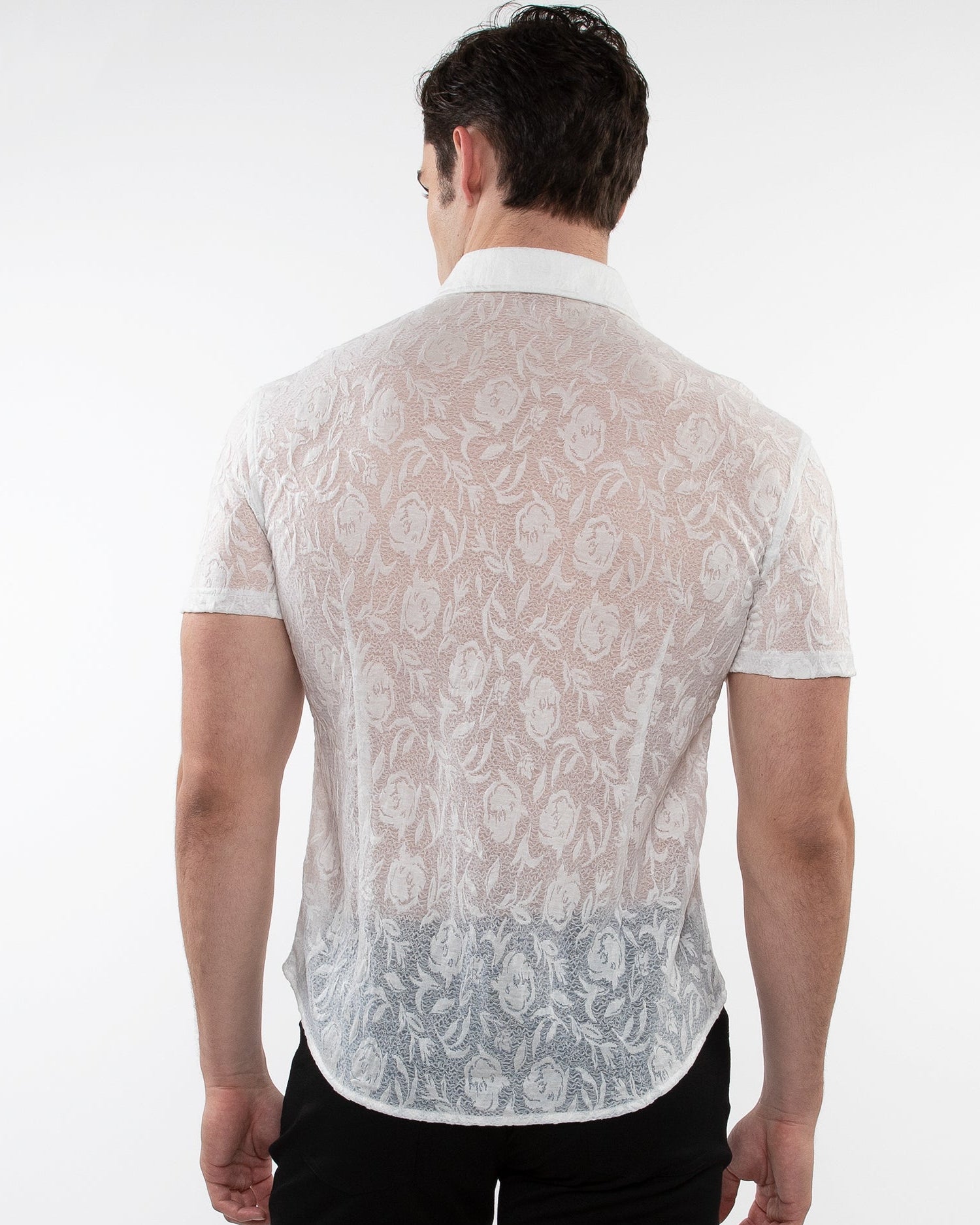 WHITE ROSES LEAVES GOSSAMER KNIT SHORT SLEEVE SHIRT ST-24056