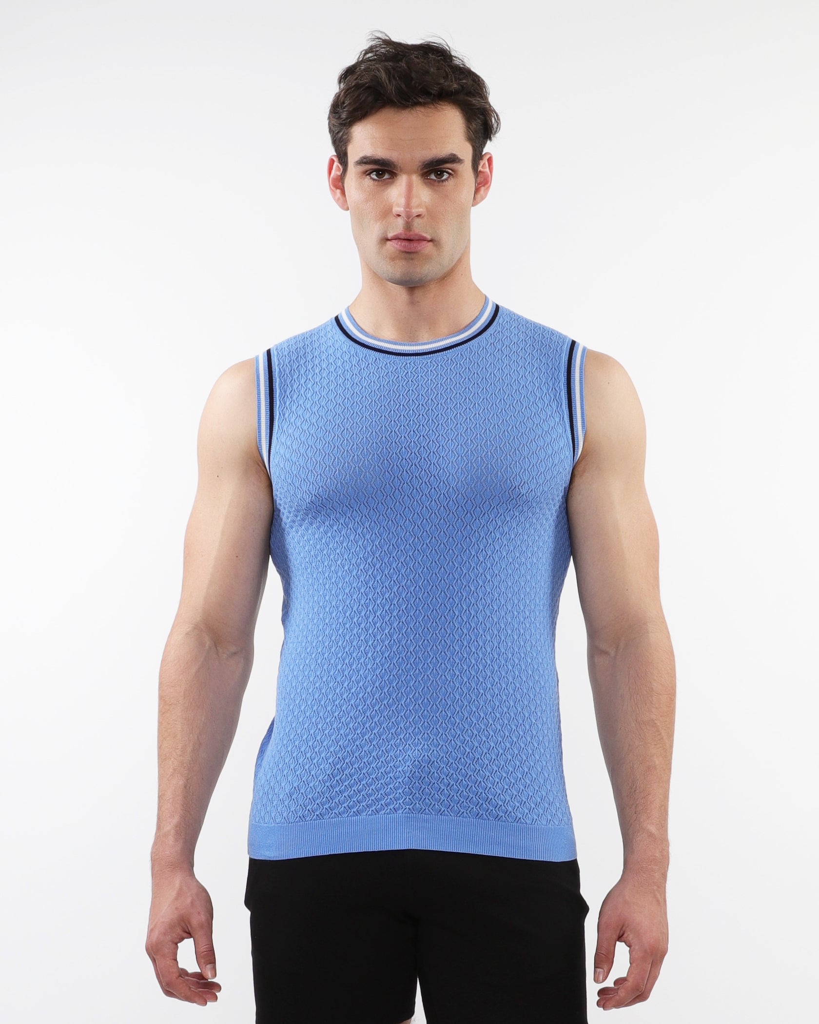 BLUE TEXTURED OPEN MESH KNITTED VEST WITH RIB TIPPING ST-24058