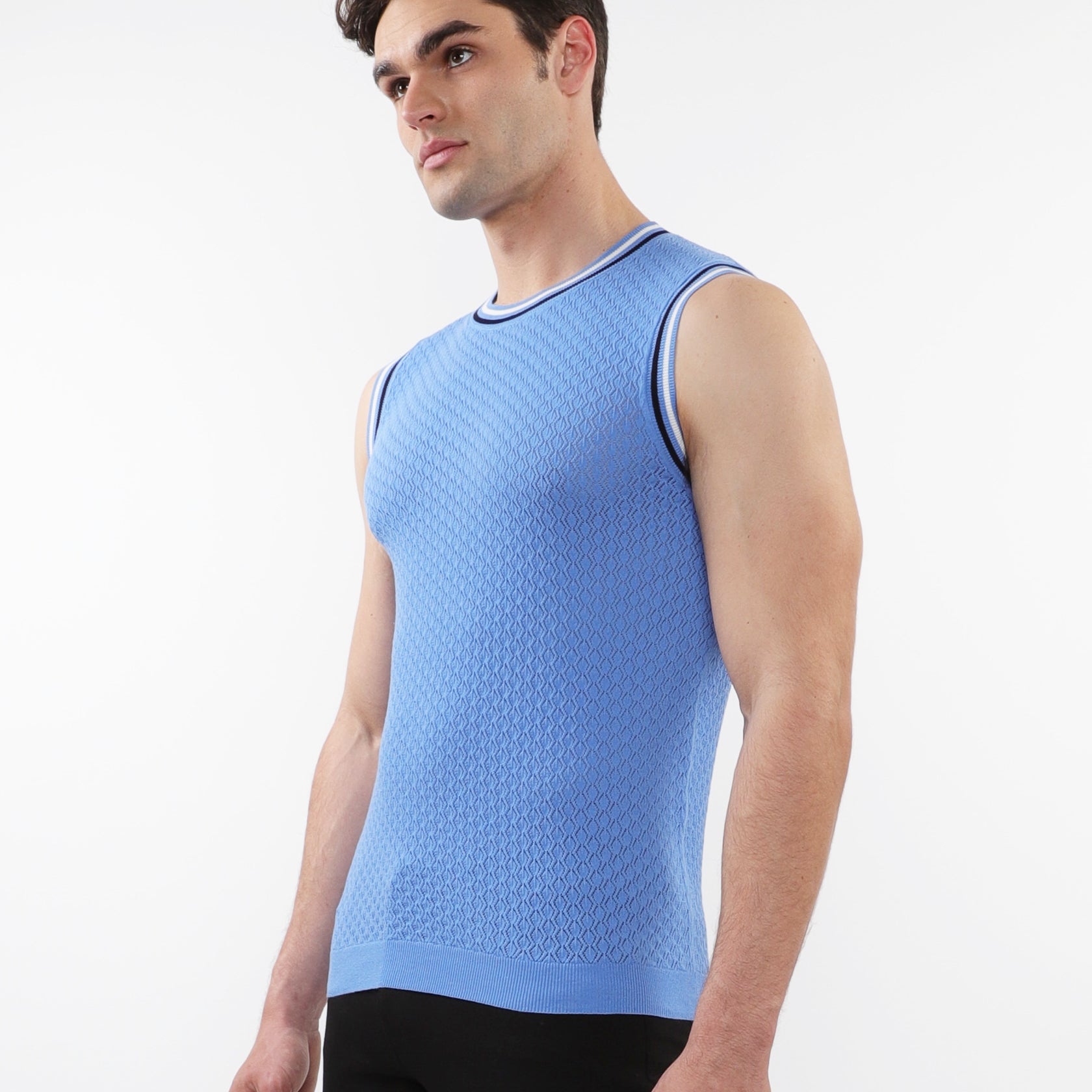 BLUE TEXTURED OPEN MESH KNITTED VEST WITH RIB TIPPING ST-24058