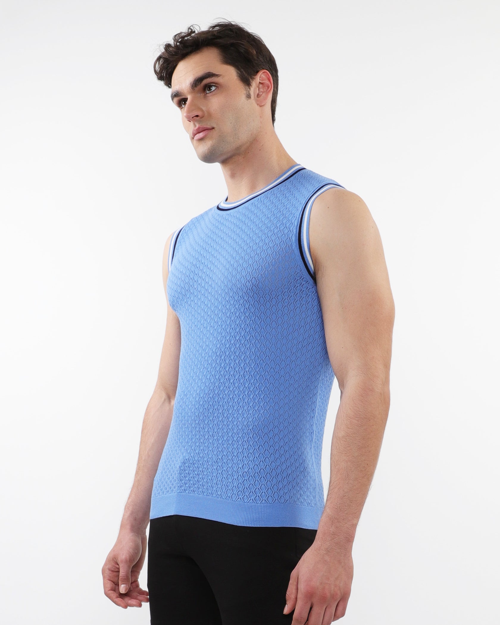 BLUE TEXTURED OPEN MESH KNITTED VEST WITH RIB TIPPING ST-24058