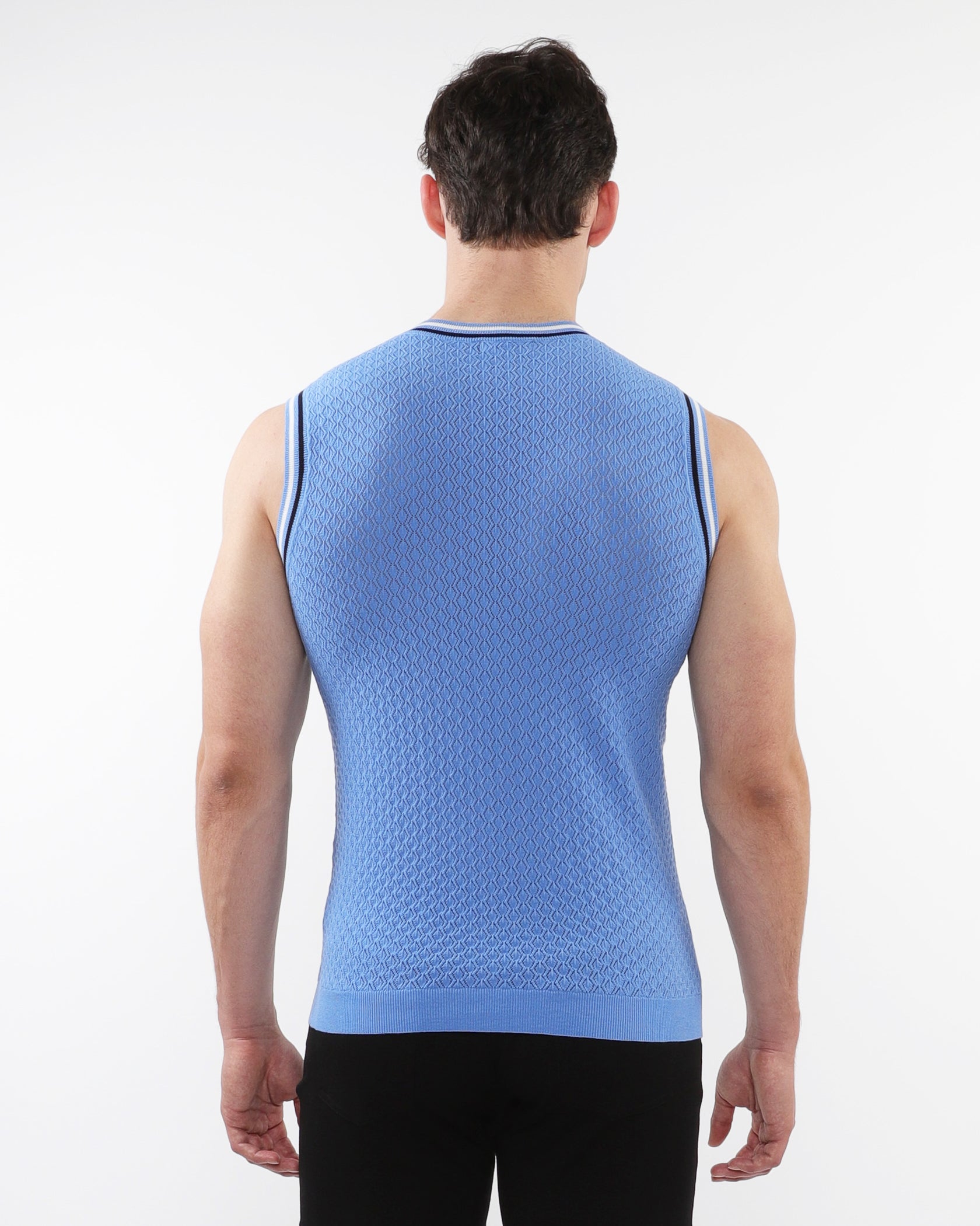 BLUE TEXTURED OPEN MESH KNITTED VEST WITH RIB TIPPING ST-24058