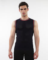 NAVY TEXTURED OPEN MESH KNITTED VEST WITH RIB TIPPING ST-24058