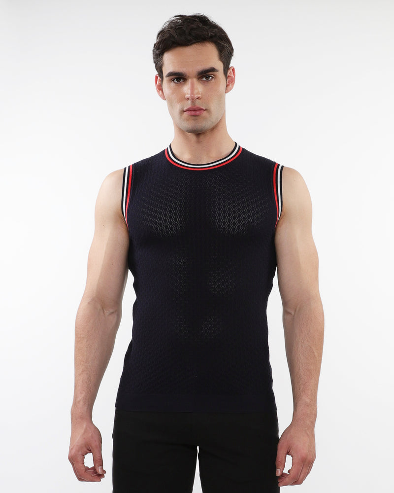 NAVY TEXTURED OPEN MESH KNITTED VEST WITH RIB TIPPING ST-24058