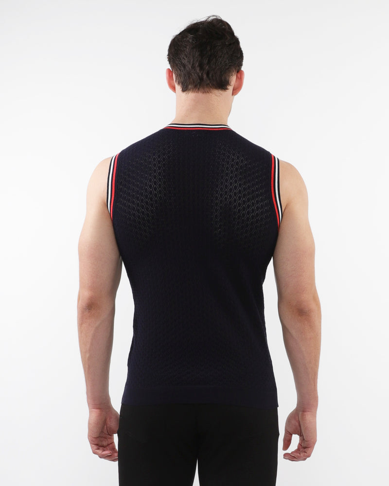 NAVY TEXTURED OPEN MESH KNITTED VEST WITH RIB TIPPING ST-24058