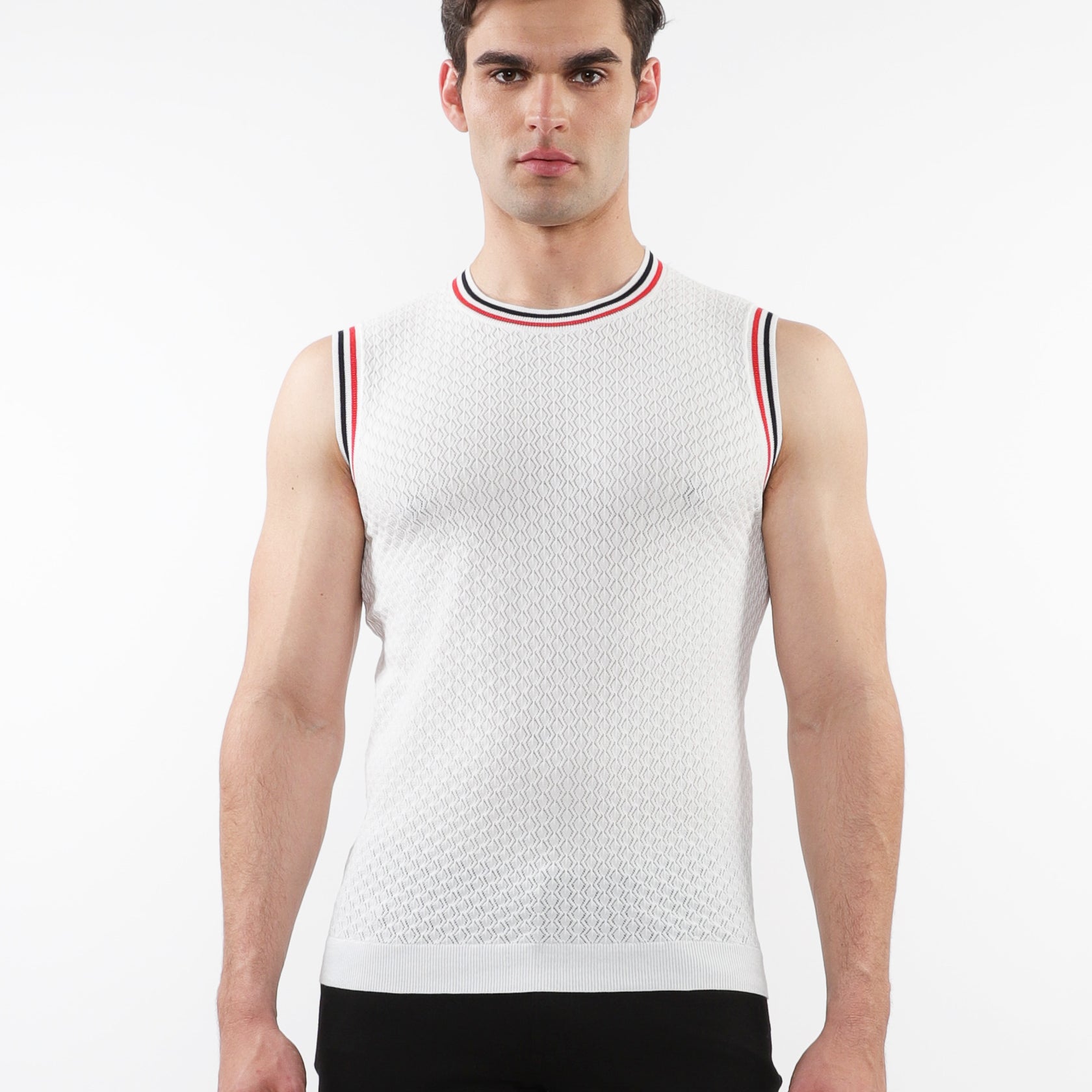 OFF WHITE TEXTURED OPEN MESH KNITTED VEST WITH RIB TIPPING ST-24058