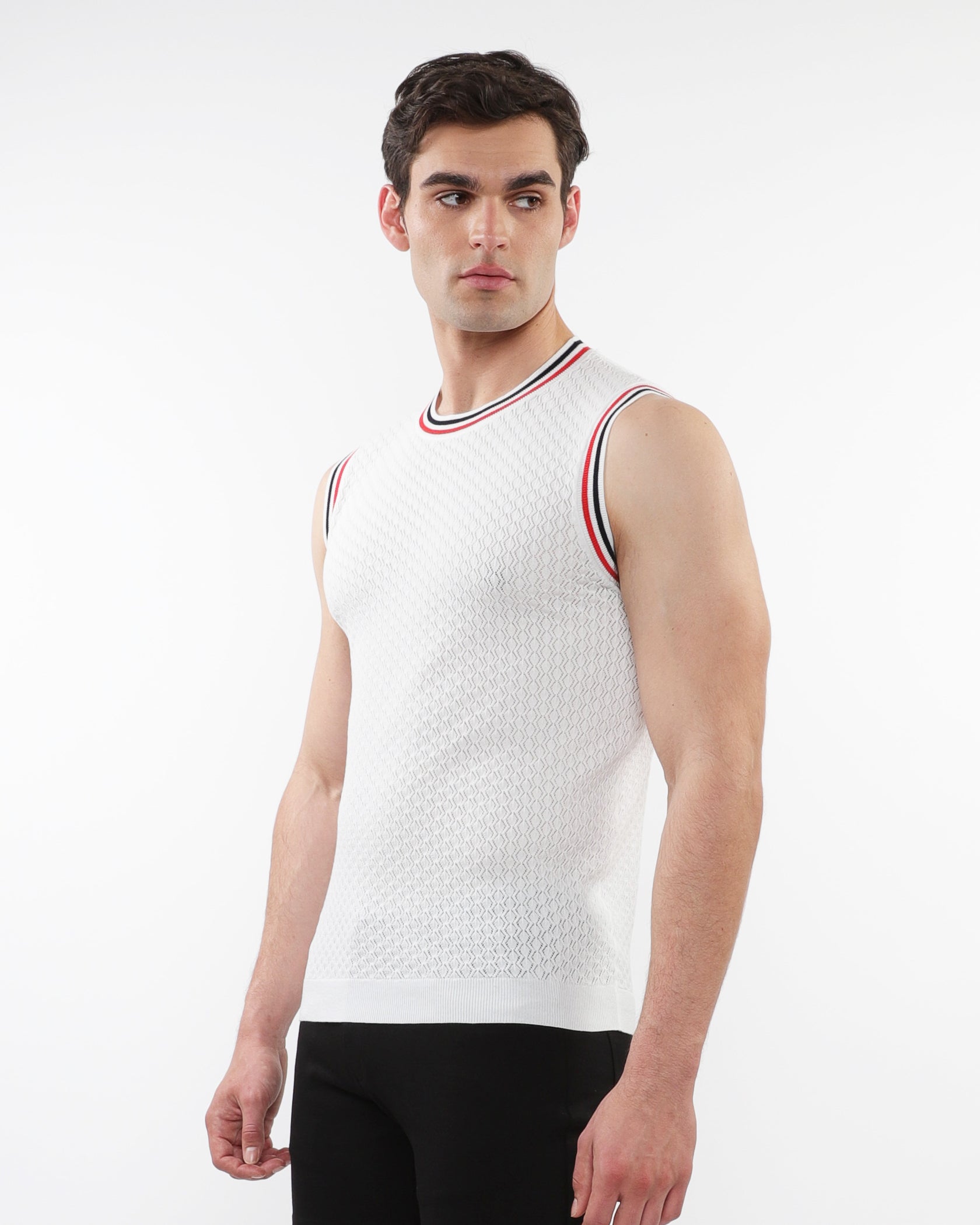 OFF WHITE TEXTURED OPEN MESH KNITTED VEST WITH RIB TIPPING ST-24058
