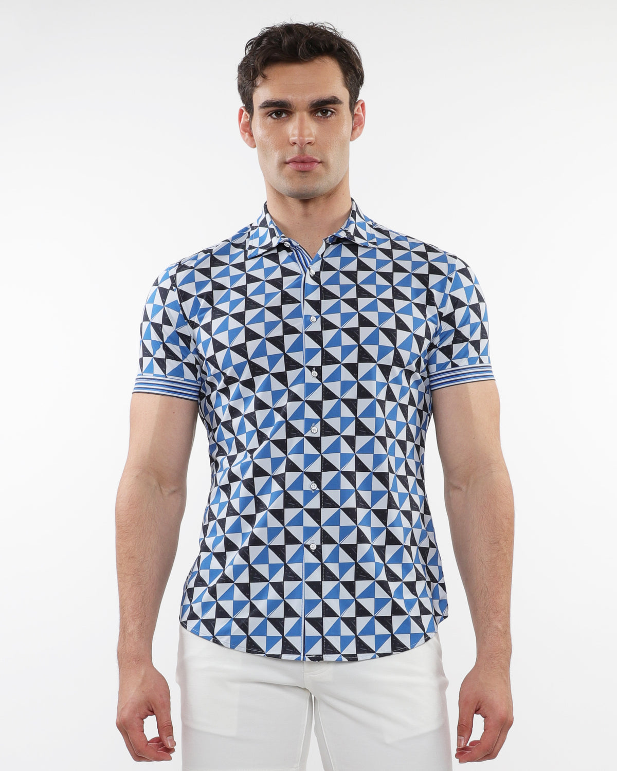 BLUE SAIL/NAVY TRIANGLES PRINTED PERFORMANCE SHORT SLEEVE SHIRT W/ CONTRAST DETAILS ST-26021