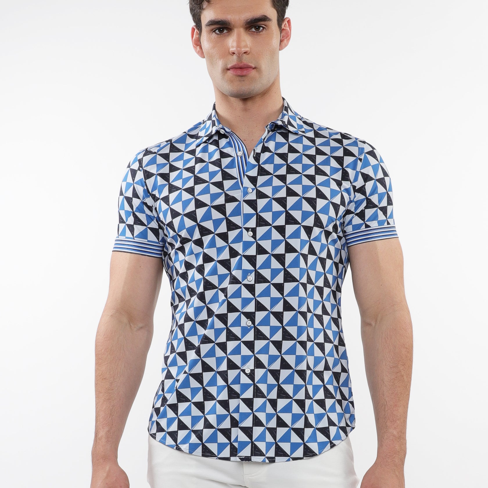 BLUE SAIL/NAVY TRIANGLES PRINTED PERFORMANCE SHORT SLEEVE SHIRT W/ CONTRAST DETAILS ST-26021