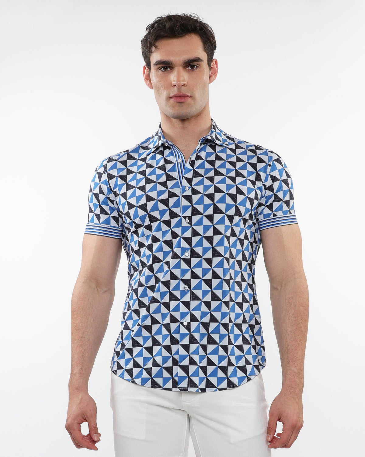 BLUE SAIL/NAVY TRIANGLES PRINTED PERFORMANCE SHORT SLEEVE SHIRT W/ CONTRAST DETAILS ST-26021