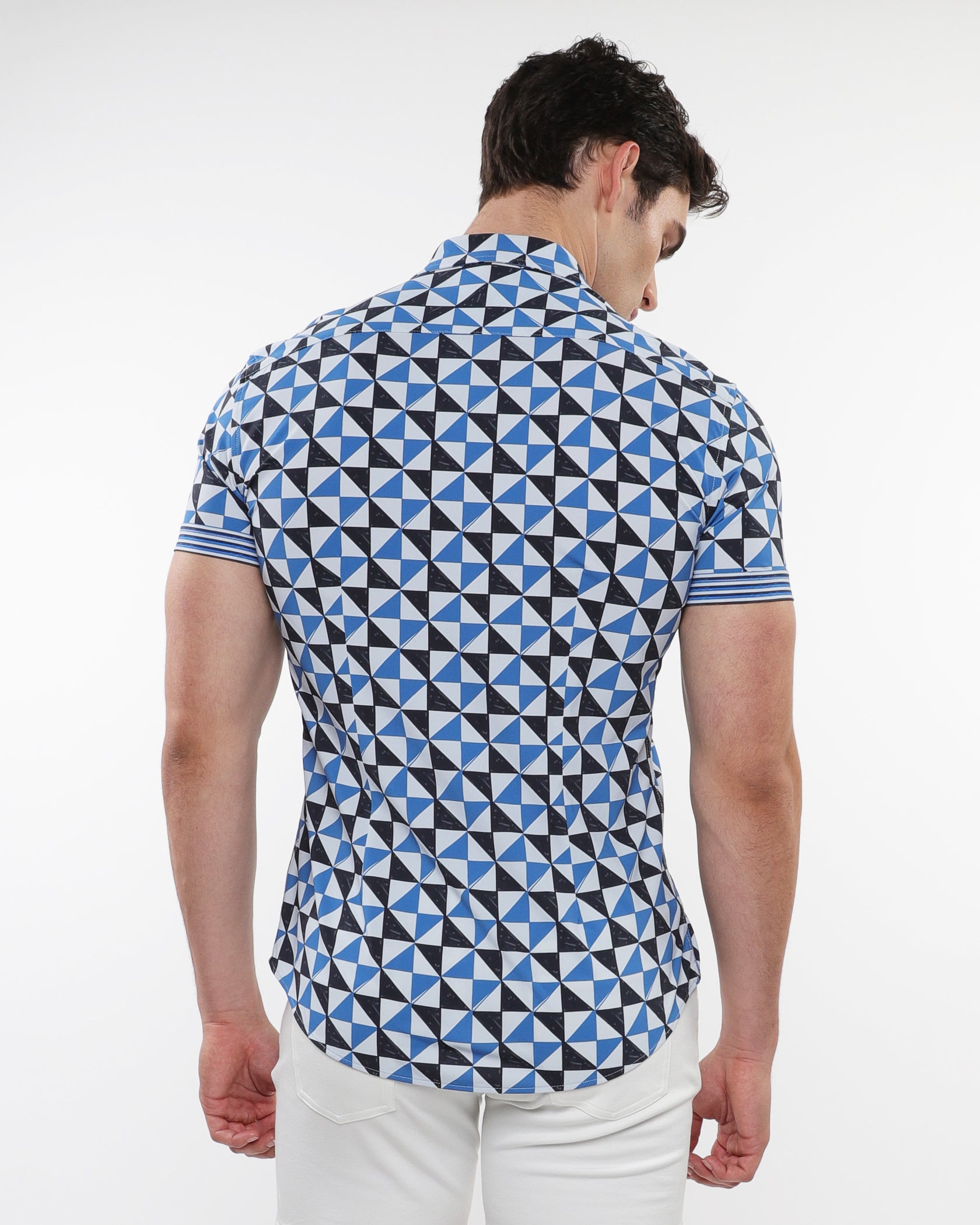 BLUE SAIL/NAVY TRIANGLES PRINTED PERFORMANCE SHORT SLEEVE SHIRT W/ CONTRAST DETAILS ST-26021