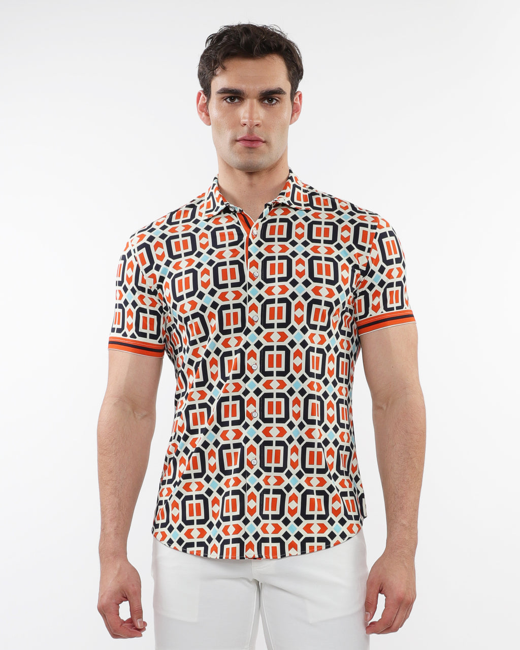 RUST/MARINE TILES PARQUET PRINTED PERFORMANCE SHORT SLEEVE SHIRT W/ CO