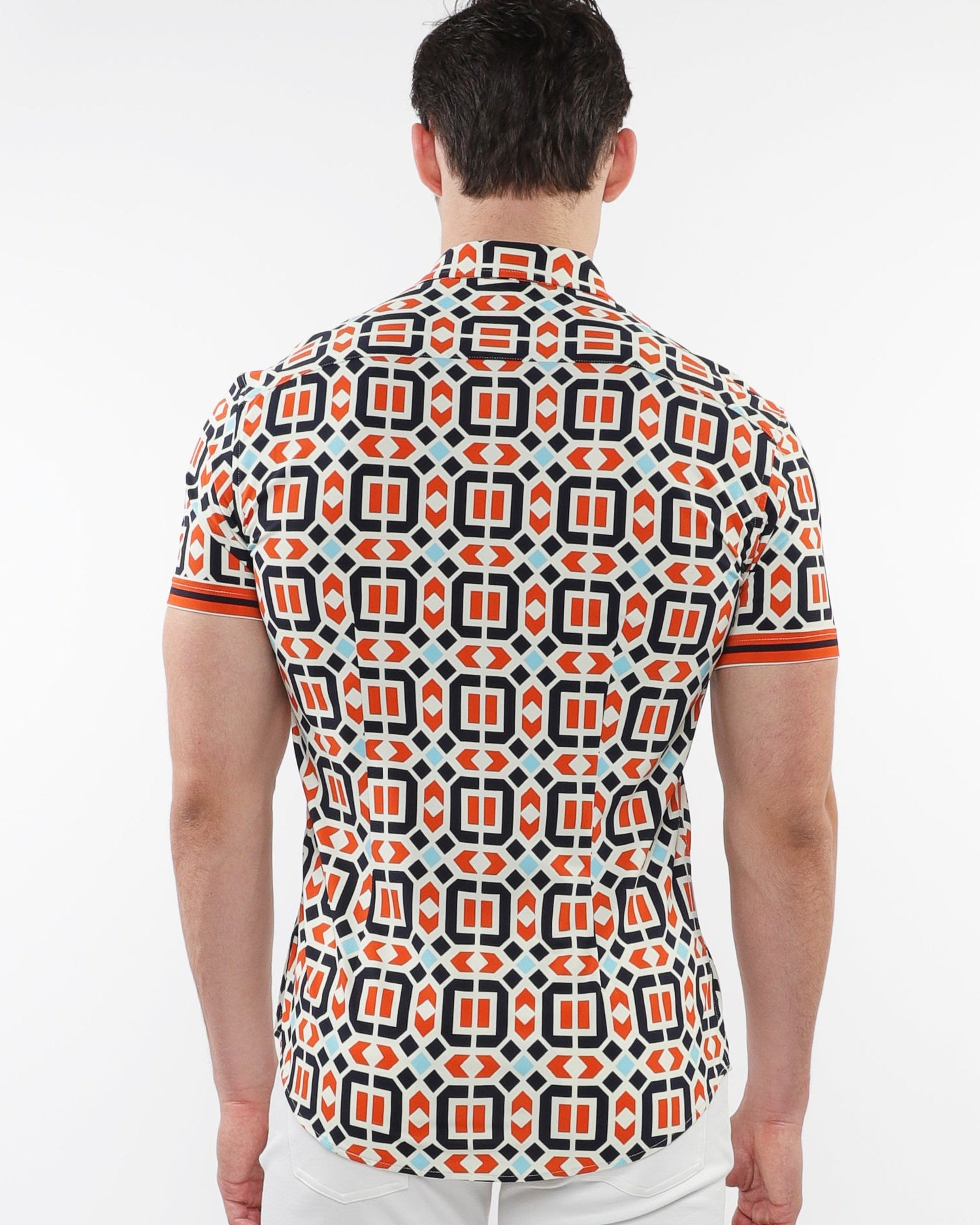 RUST/MARINE TILES PARQUET PRINTED PERFORMANCE SHORT SLEEVE SHIRT W/ CONTRAST DETAILS ST-26023