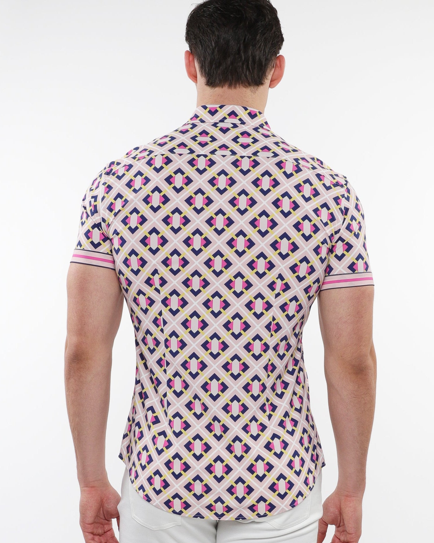 BLUSH/NAVY GRID PARQUET PRINTED PERFORMANCE SHORT SLEEVE SHIRT W/ CONTRAST DETAILS ST-26024