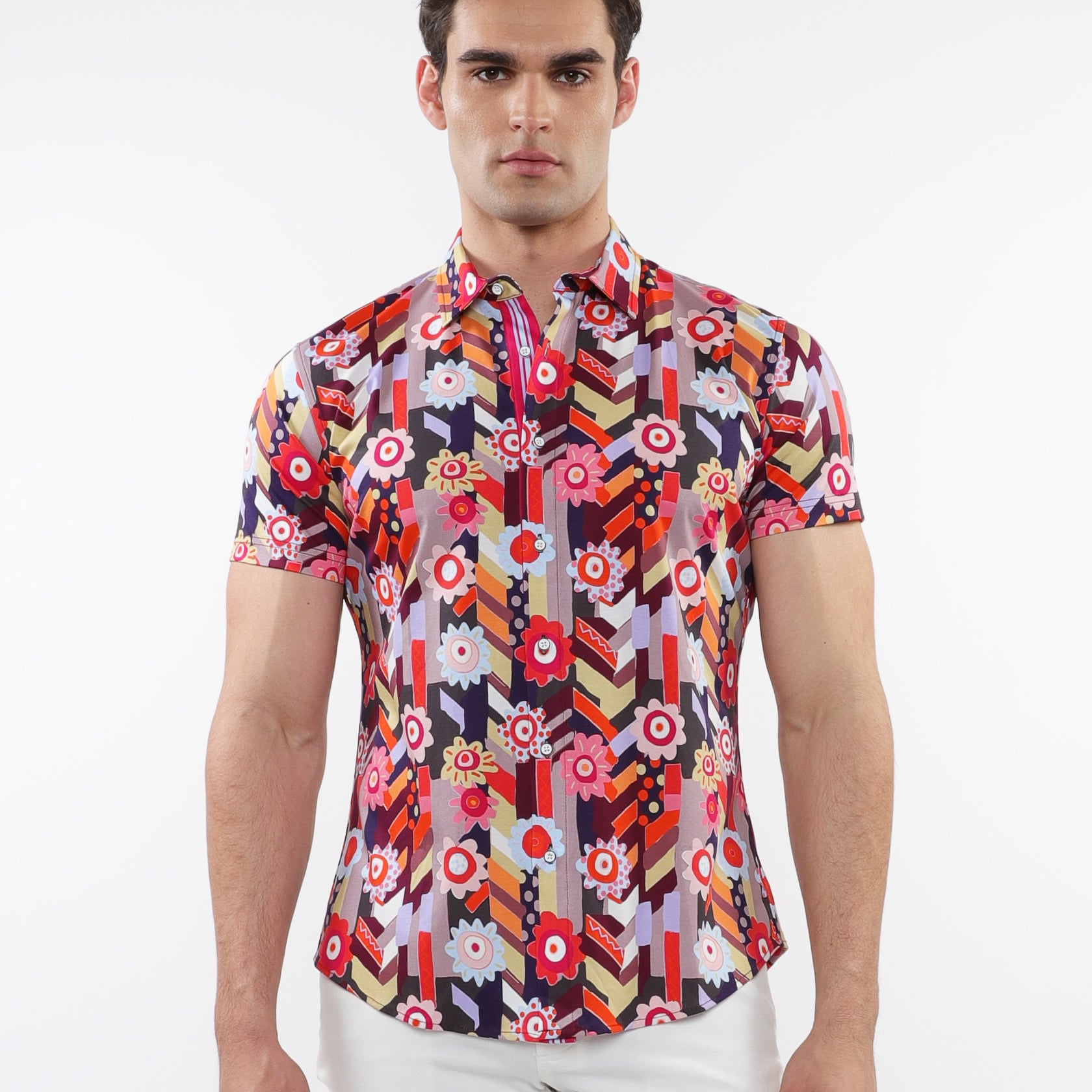 BERRY/MULTI ABSTRACT PRINTED COTTON KNIT JERSEY SHORT SLEEVE SHIRT W/ CONTRAST PLACKET DETAIL ST-9313