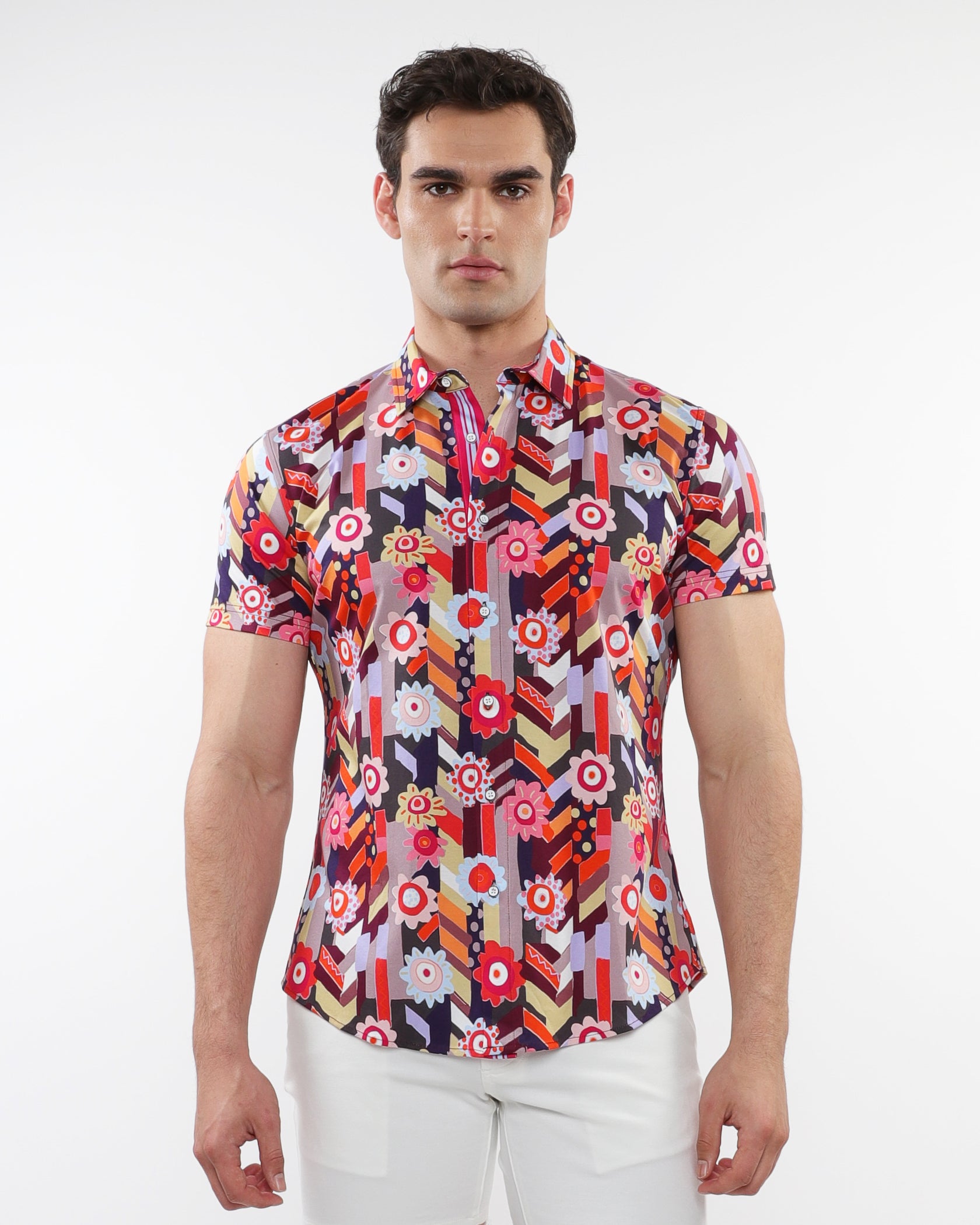 BERRY/MULTI ABSTRACT PRINTED COTTON KNIT JERSEY SHORT SLEEVE SHIRT W/ CONTRAST PLACKET DETAIL ST-9313