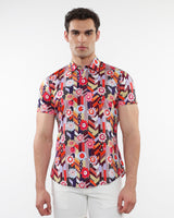 BERRY/MULTI ABSTRACT PRINTED COTTON KNIT JERSEY SHORT SLEEVE SHIRT W/ CONTRAST PLACKET DETAIL ST-9313