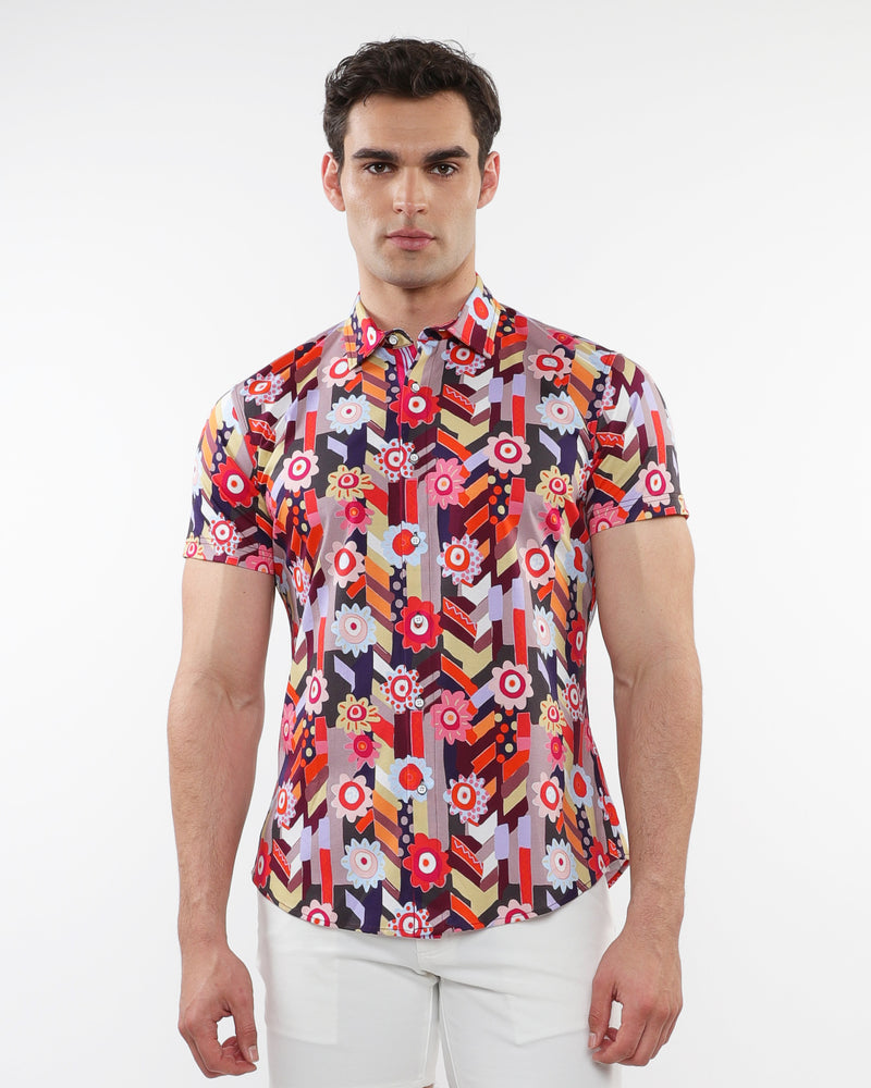 BERRY/MULTI ABSTRACT PRINTED COTTON KNIT JERSEY SHORT SLEEVE SHIRT W/ CONTRAST PLACKET DETAIL ST-9313