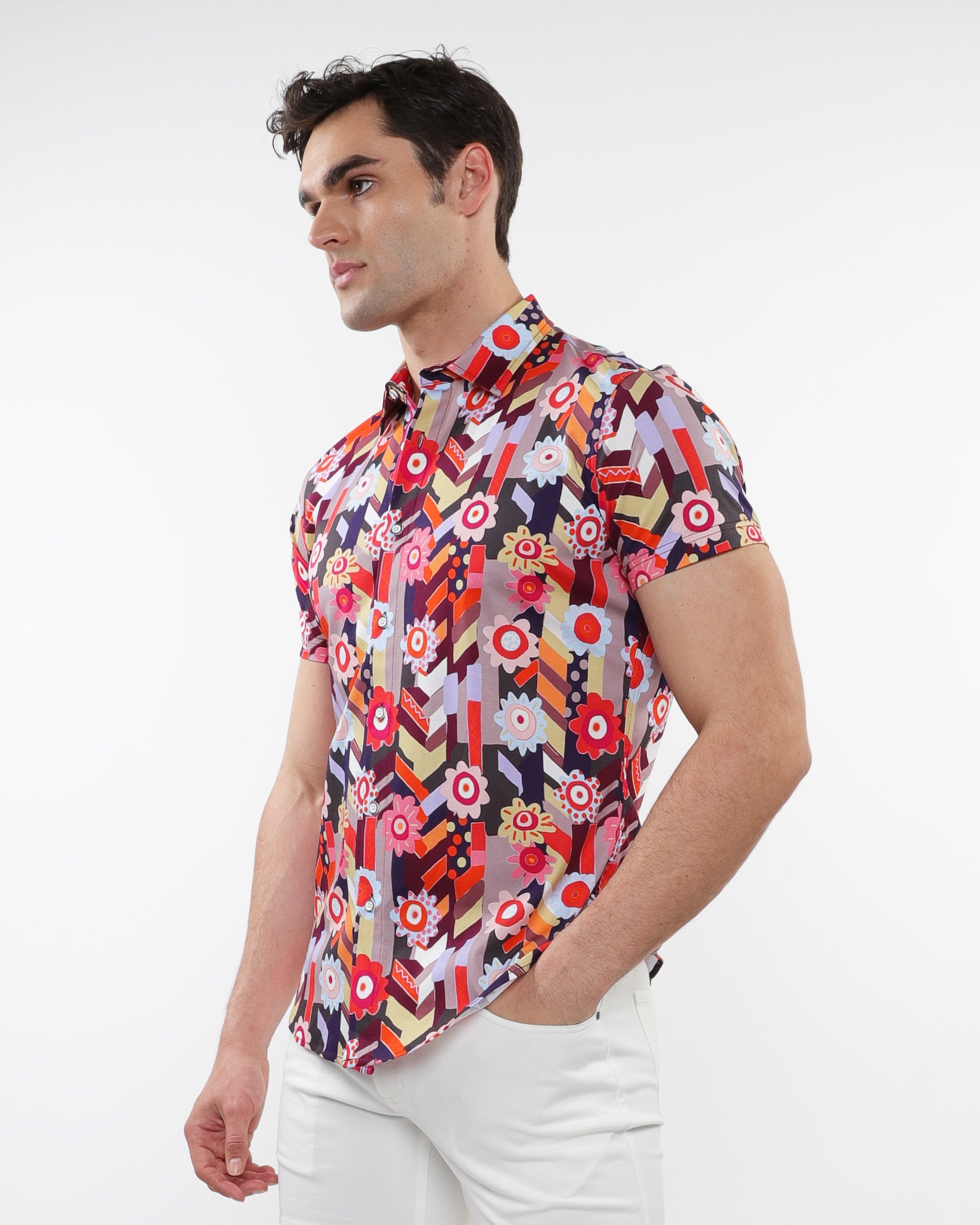BERRY/MULTI ABSTRACT PRINTED COTTON KNIT JERSEY SHORT SLEEVE SHIRT W/ CONTRAST PLACKET DETAIL ST-9313