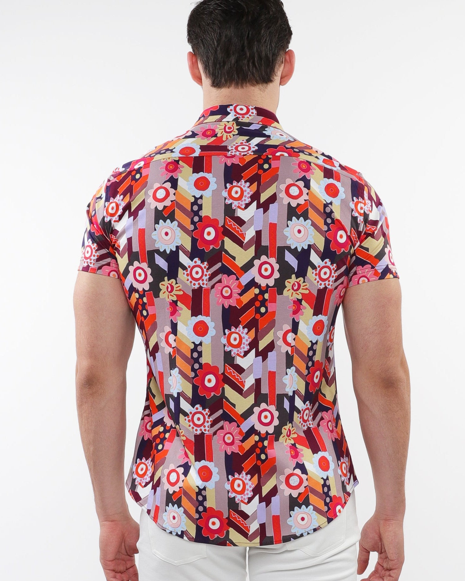 BERRY/MULTI ABSTRACT PRINTED COTTON KNIT JERSEY SHORT SLEEVE SHIRT W/ CONTRAST PLACKET DETAIL ST-9313