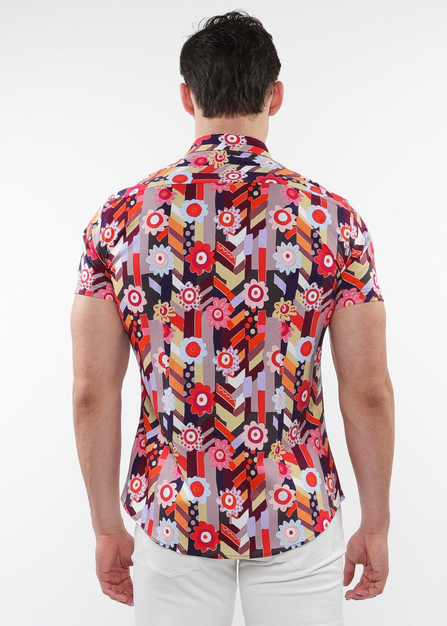 BERRY/MULTI ABSTRACT PRINTED COTTON KNIT JERSEY SHORT SLEEVE SHIRT W/ CONTRAST PLACKET DETAIL ST-9313